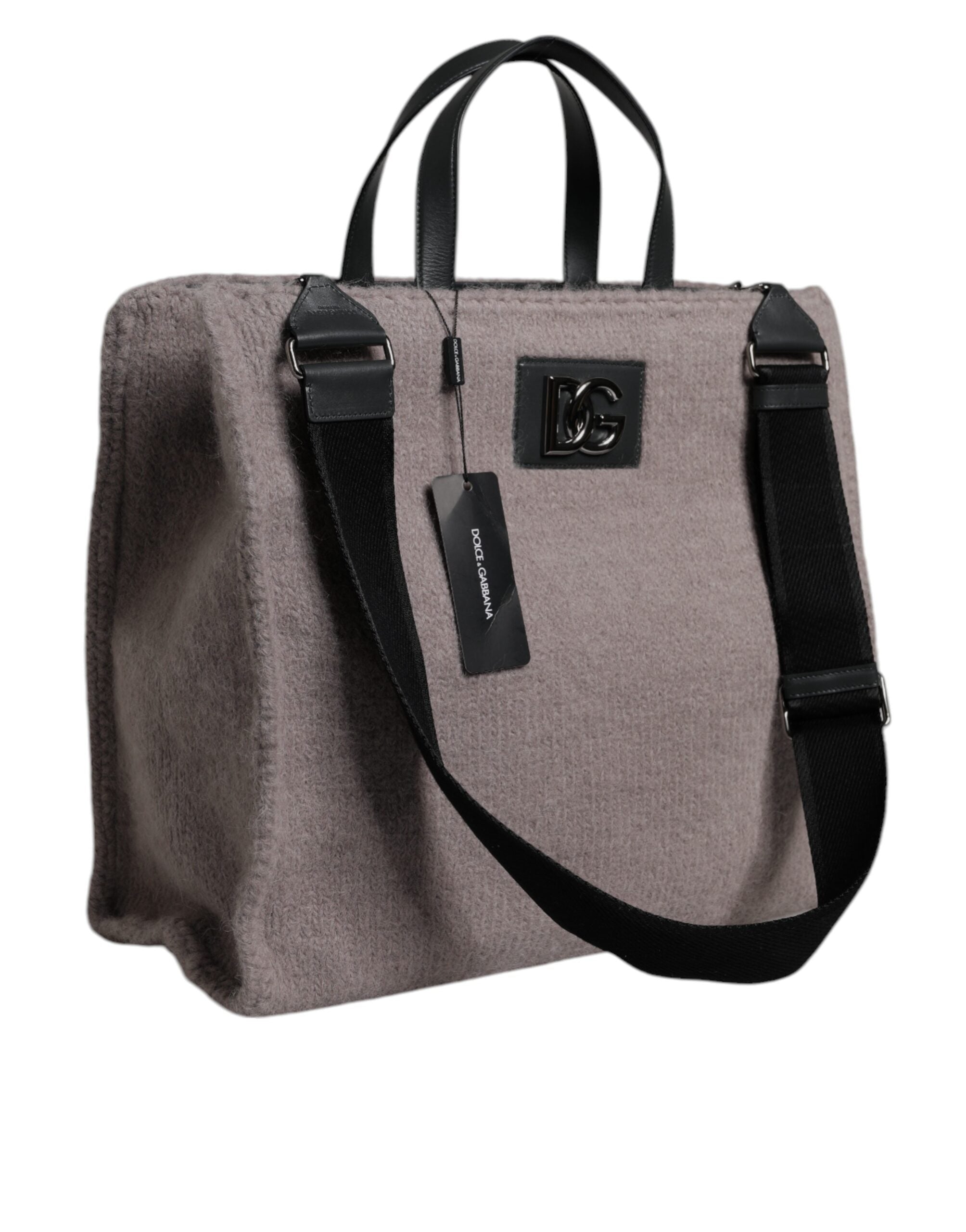 Grey Alpaca Wool Logo Plaque Tote Shoulder Bag Gray