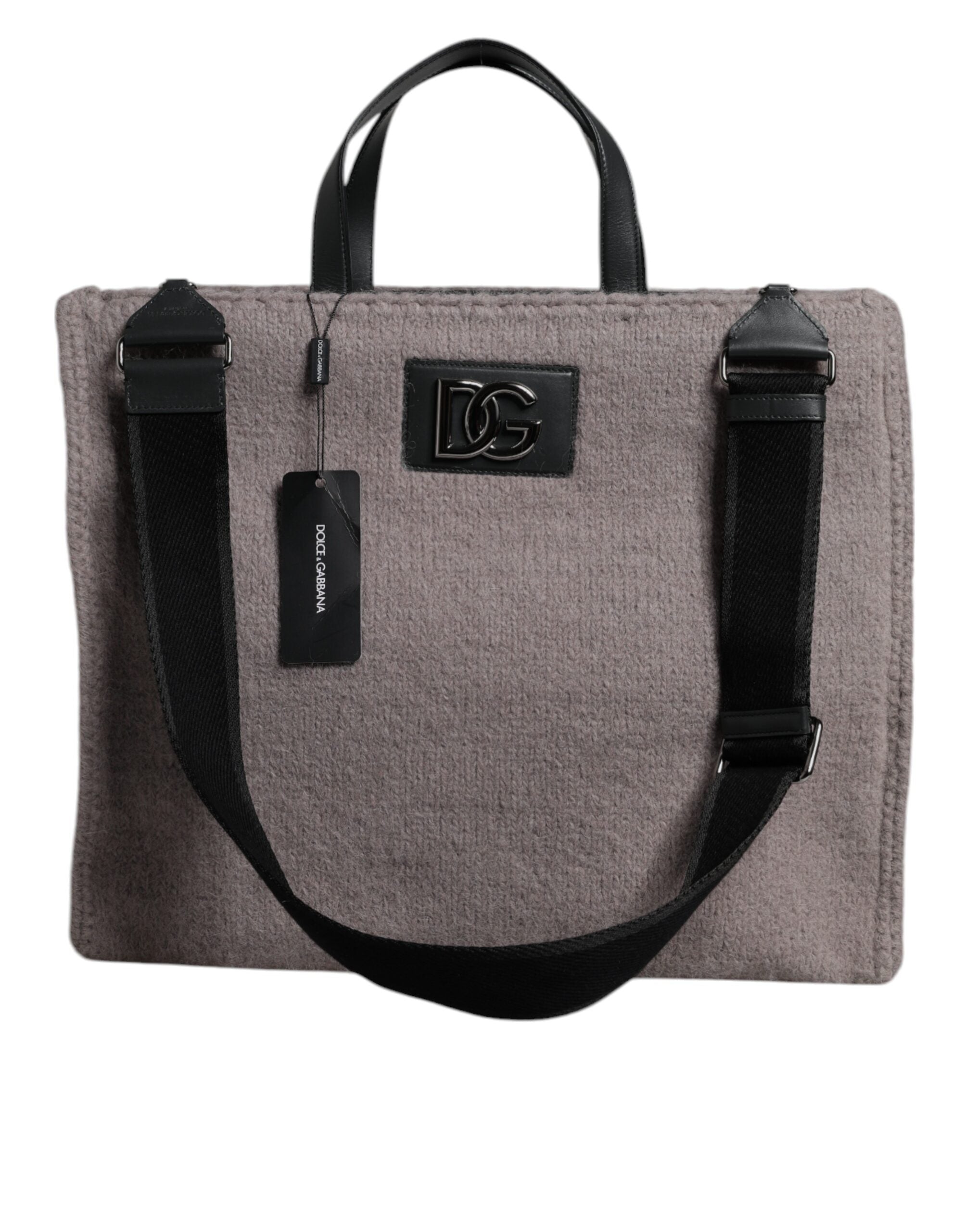 Grey Alpaca Wool Logo Plaque Tote Shoulder Bag Gray