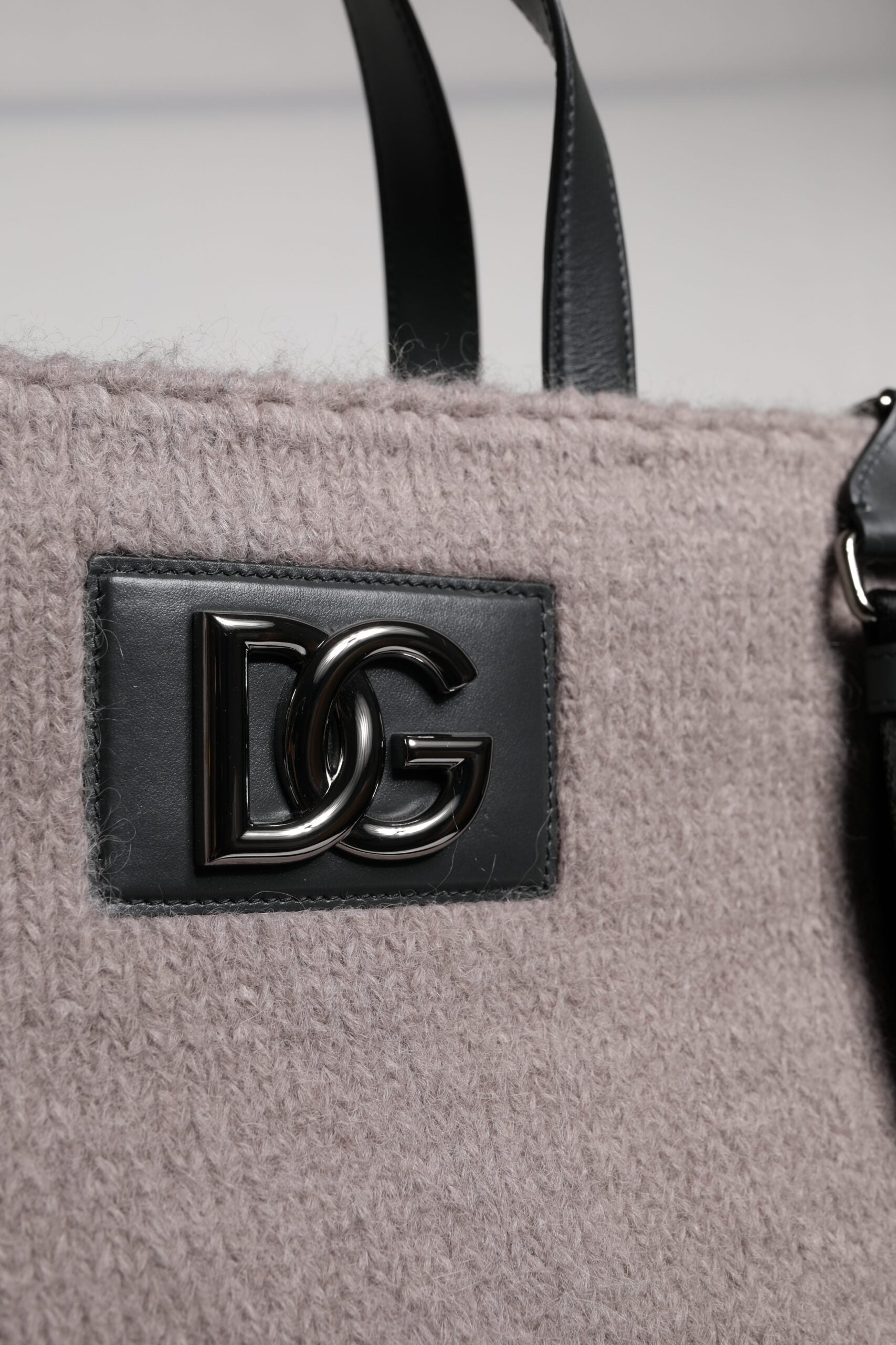 Grey Alpaca Wool Logo Plaque Tote Shoulder Bag Gray