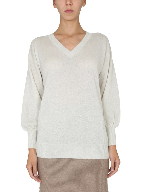 V-Neck Jersey With Ribbed Collar White Viscose Jumpers