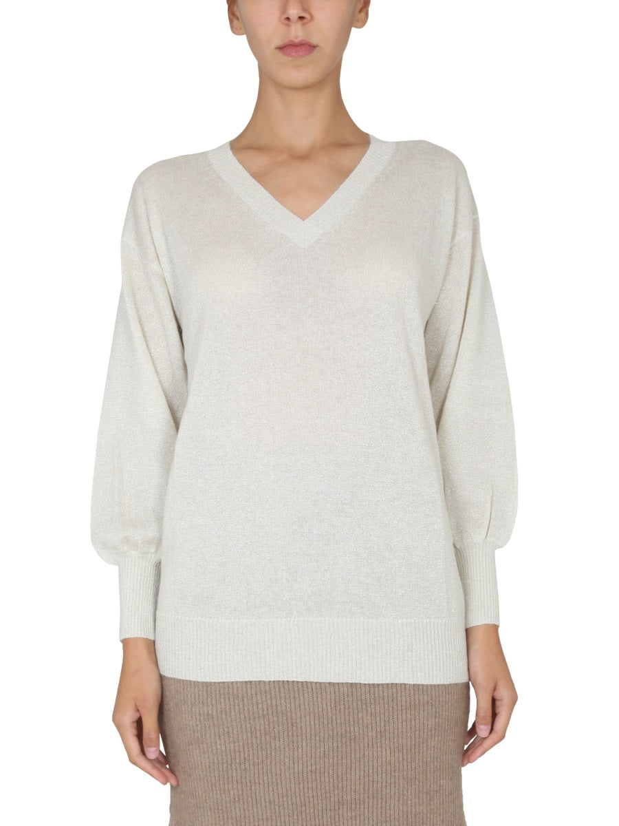 V-Neck Jersey With Ribbed Collar White Viscose Jumpers