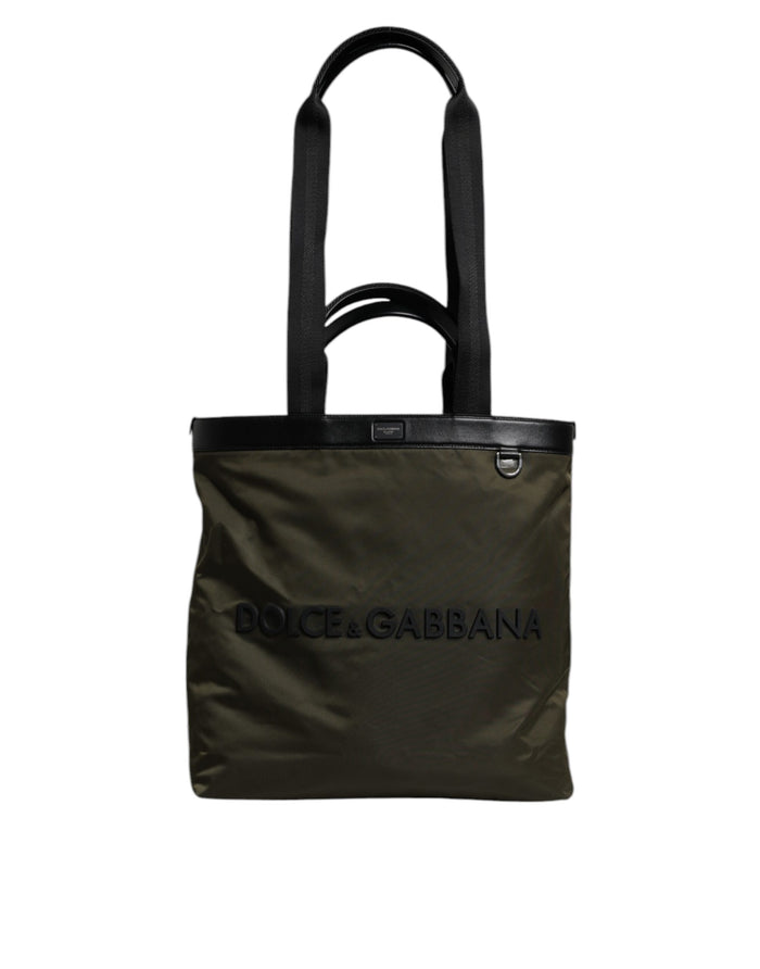 Military Green Nylon Shoulder Strap Tote Bag Polyamide Calf Leather