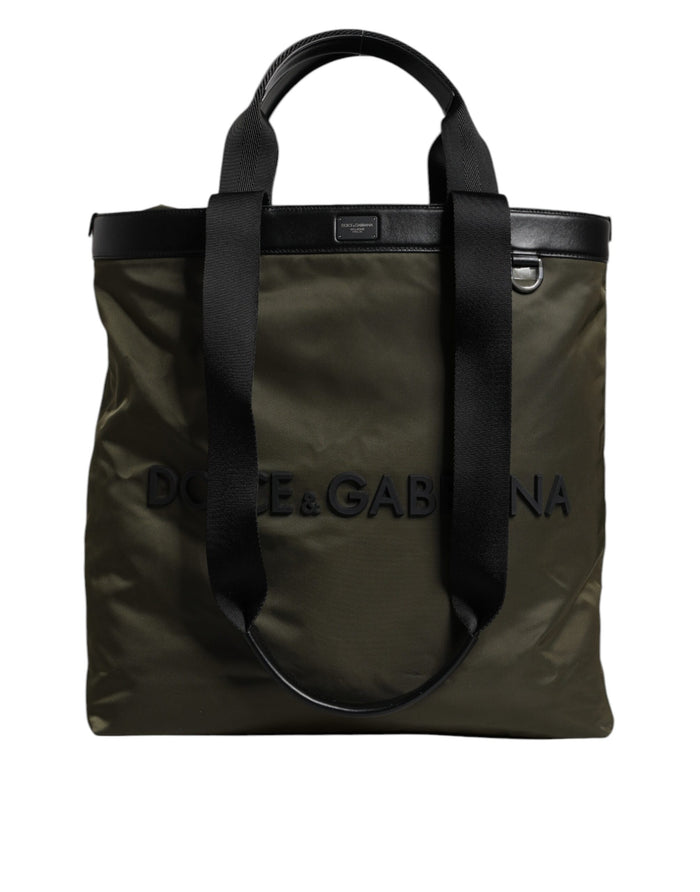 Military Green Nylon Shoulder Strap Tote Bag Polyamide Calf Leather