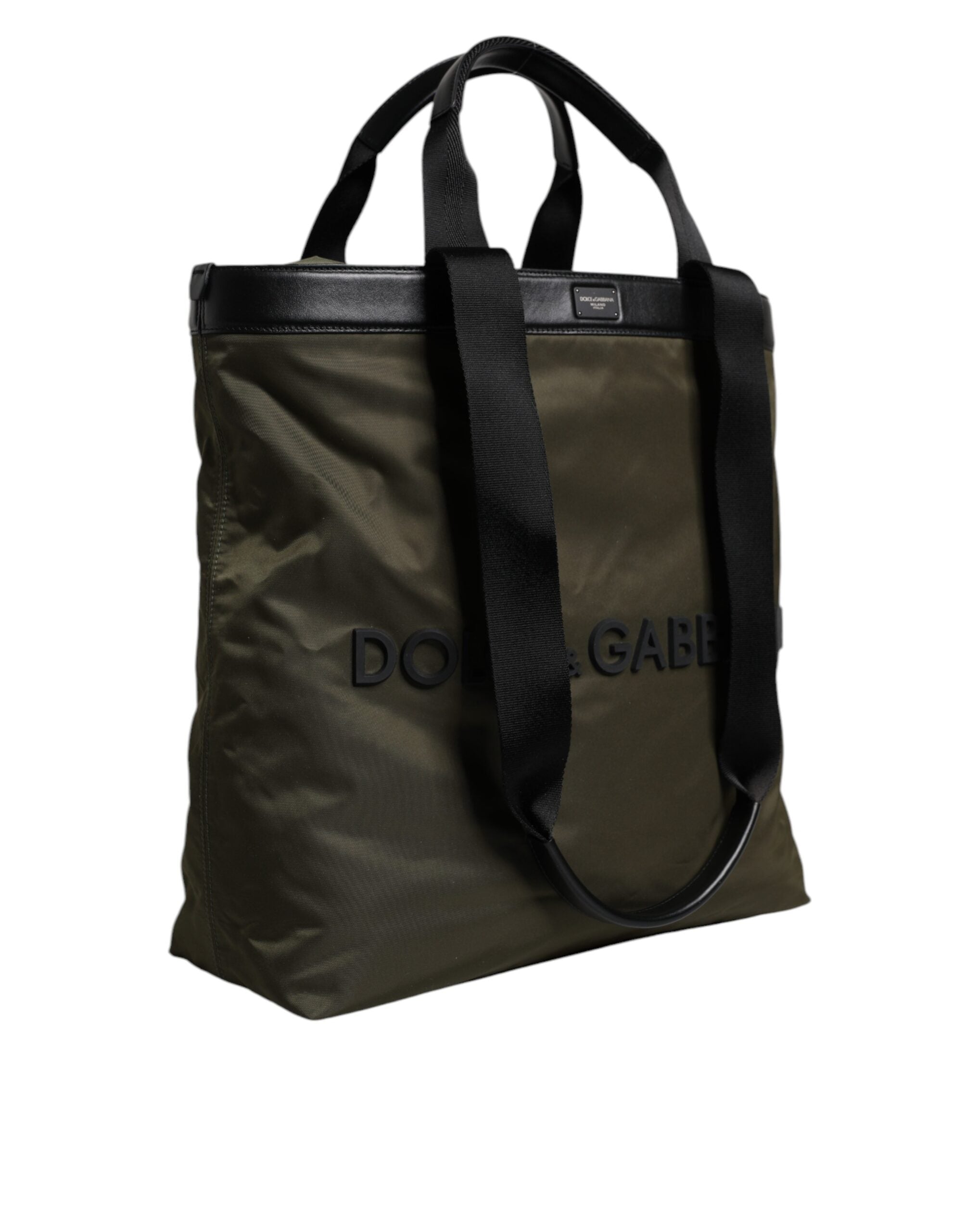 Military Green Nylon Shoulder Strap Tote Bag Polyamide Calf Leather