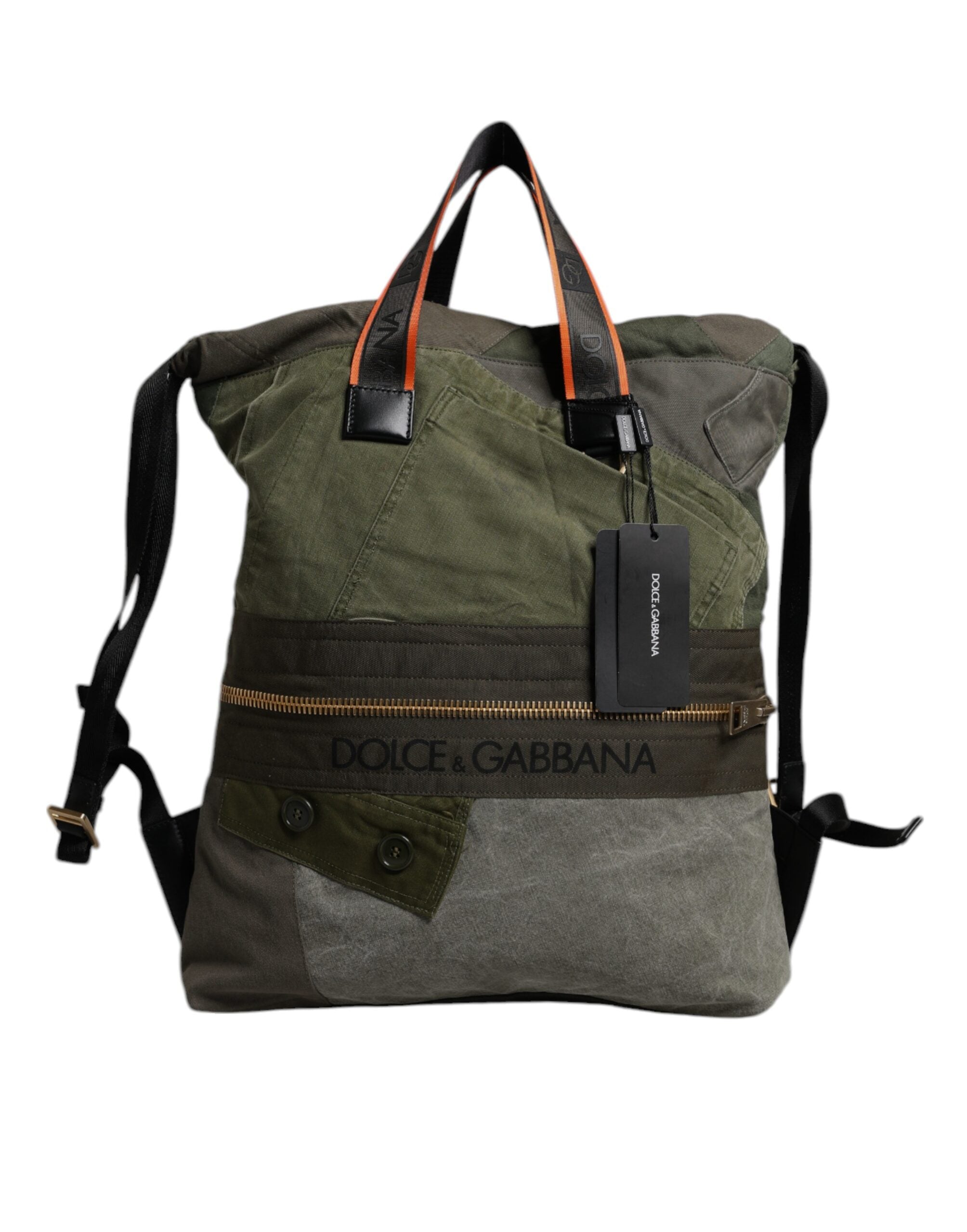 Military Green Patchwork Rucksack Backpack Bag Cotton Calf Leather Nylon