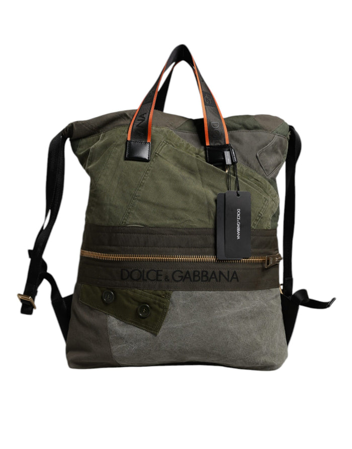 Military Green Patchwork Rucksack Backpack Bag Cotton Calf Leather Nylon