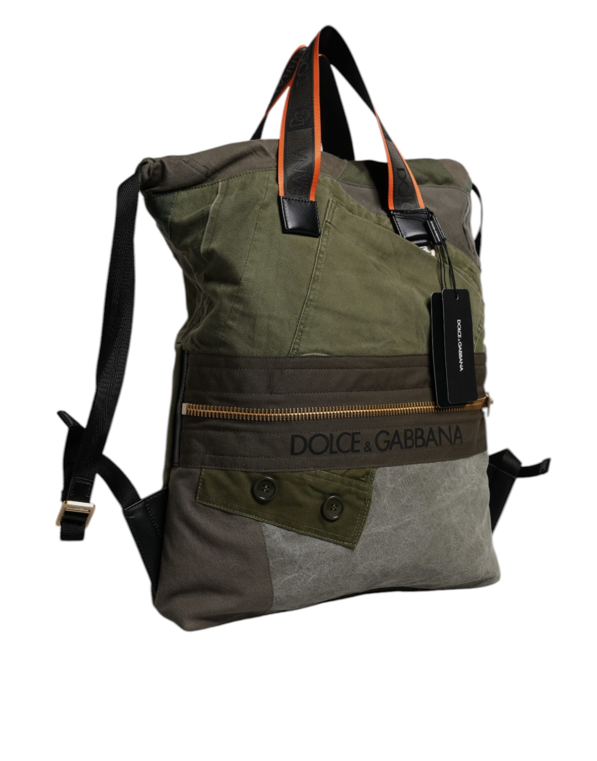 Military Green Patchwork Rucksack Backpack Bag Cotton Calf Leather Nylon