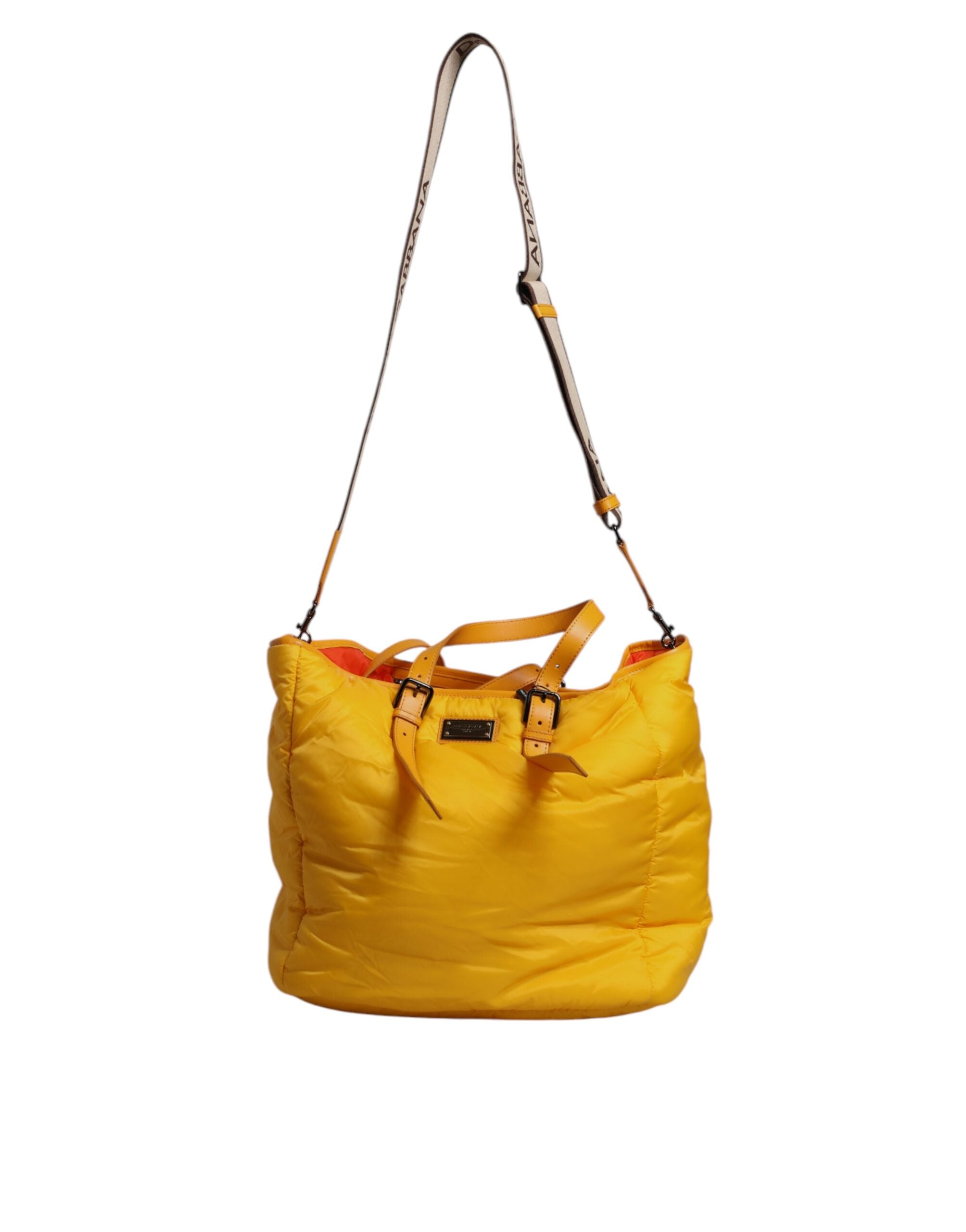 Yellow Orange Nylon Logo Plaque Hand Shoulder Duffle Bag Pu Leather Calf