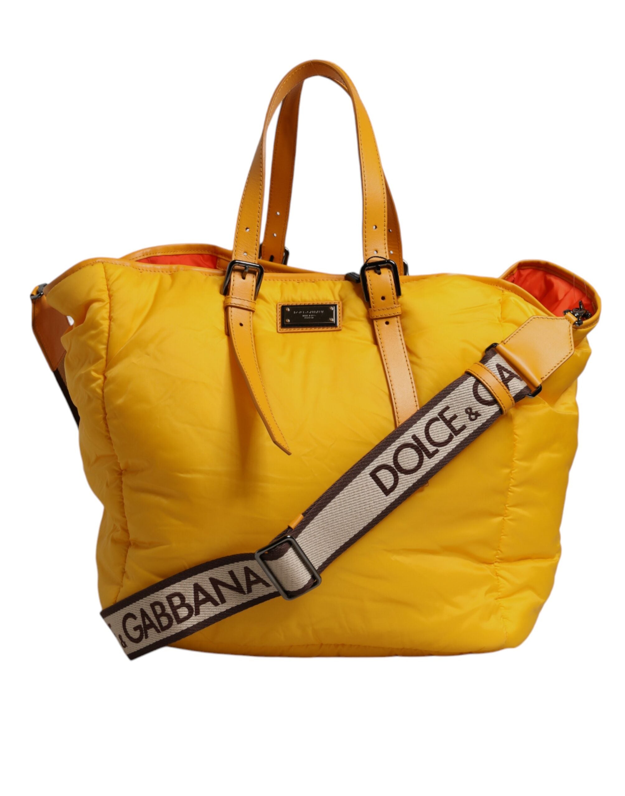 Yellow Orange Nylon Logo Plaque Hand Shoulder Duffle Bag Pu Leather Calf