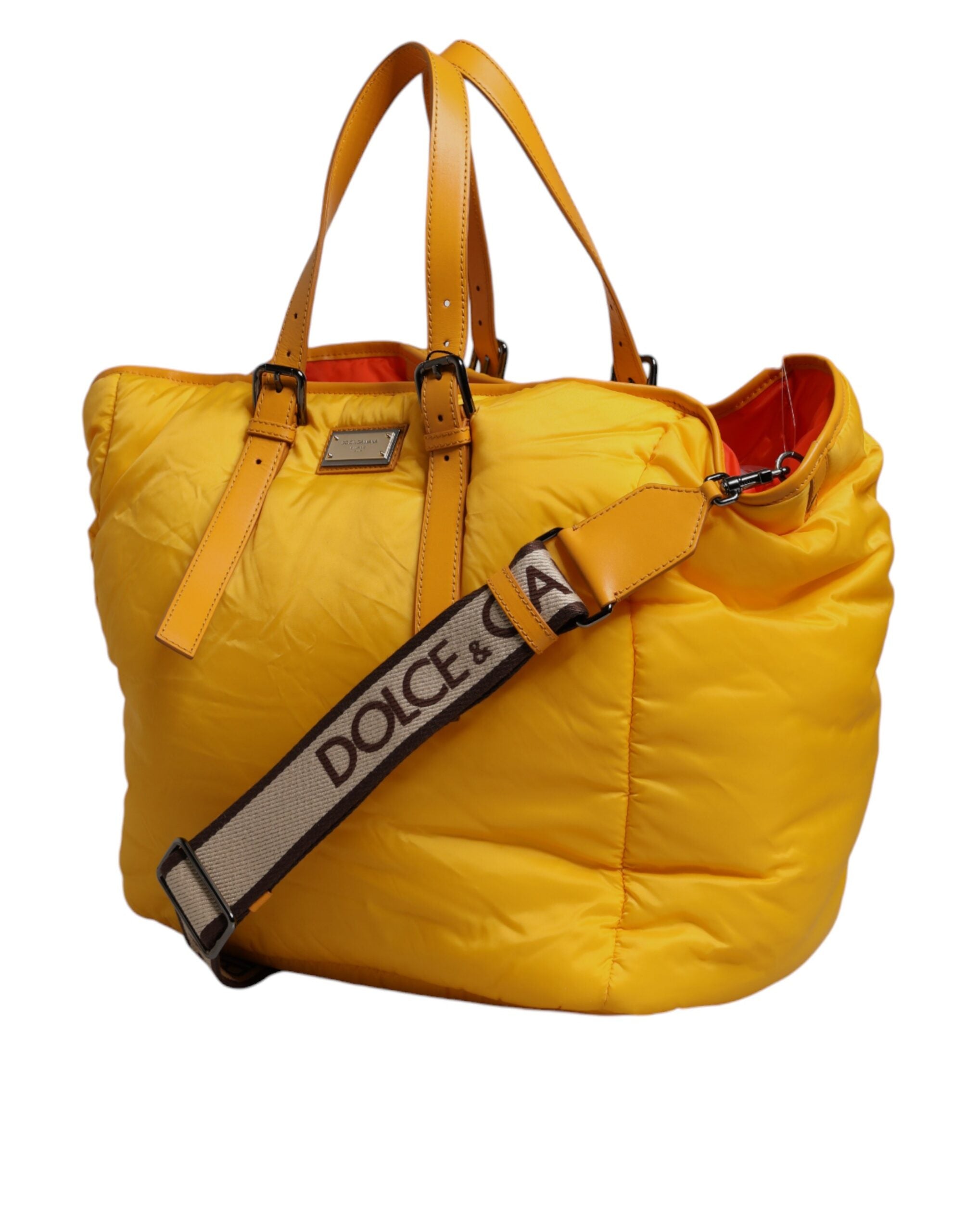 Yellow Orange Nylon Logo Plaque Hand Shoulder Duffle Bag Pu Leather Calf