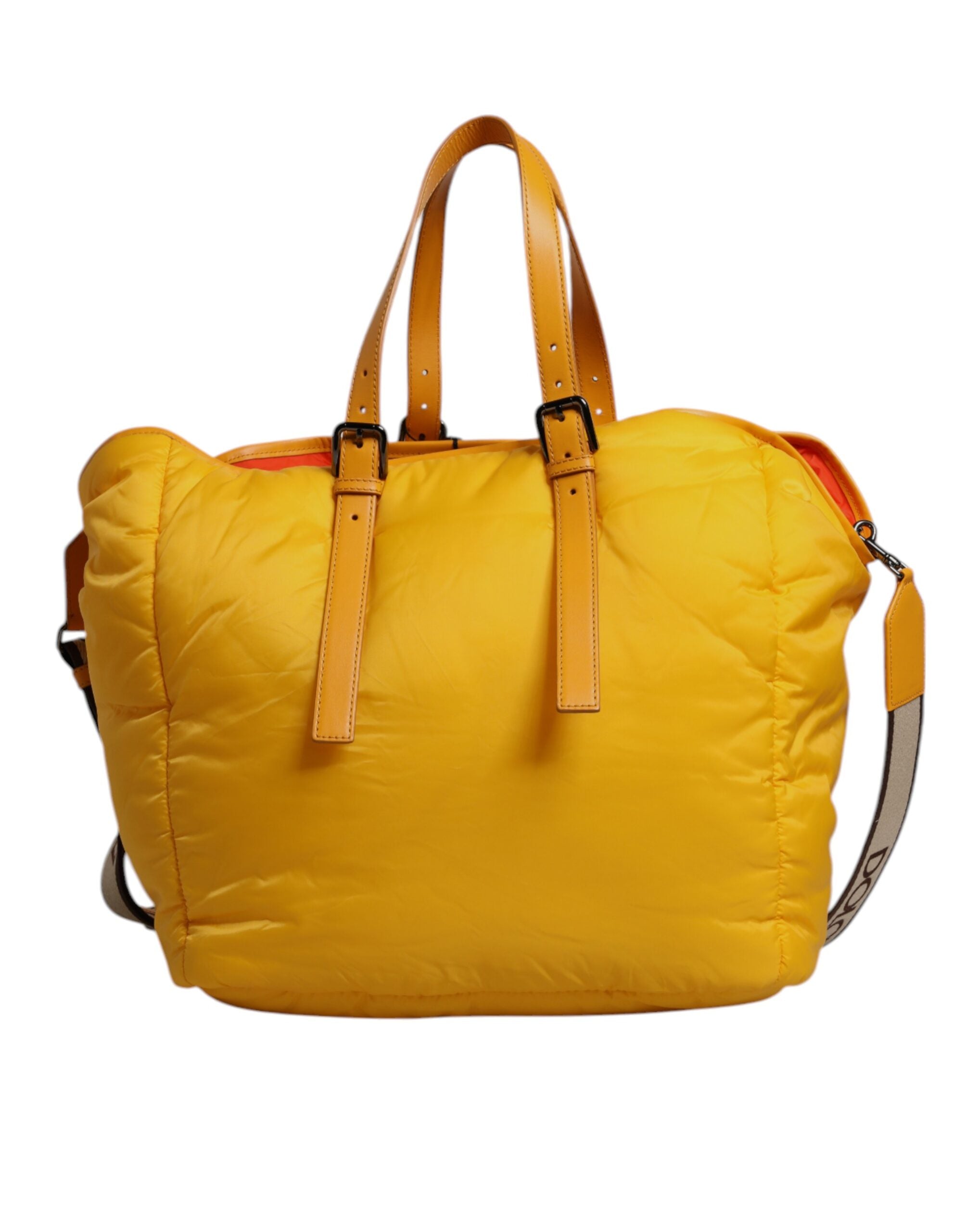 Yellow Orange Nylon Logo Plaque Hand Shoulder Duffle Bag Pu Leather Calf
