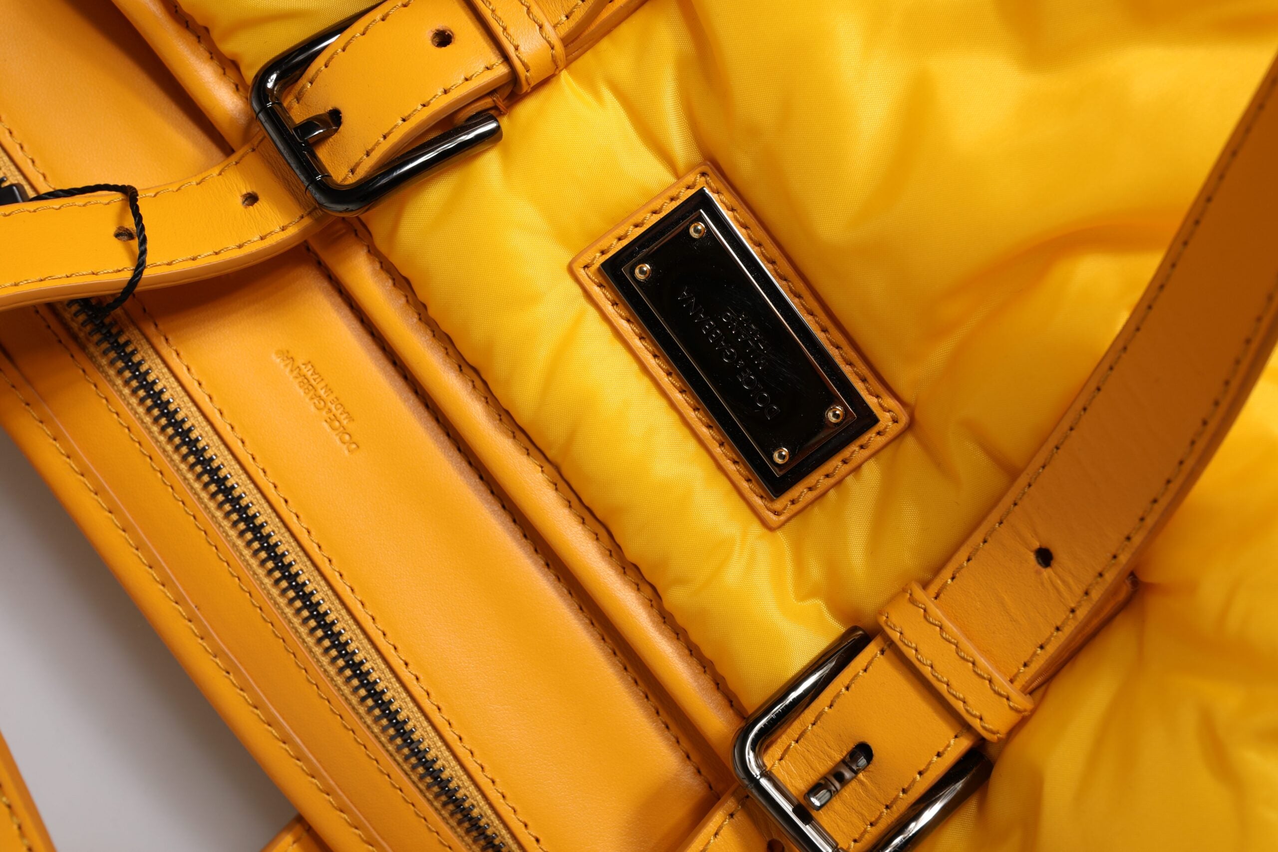 Yellow Orange Nylon Logo Plaque Hand Shoulder Duffle Bag Pu Leather Calf