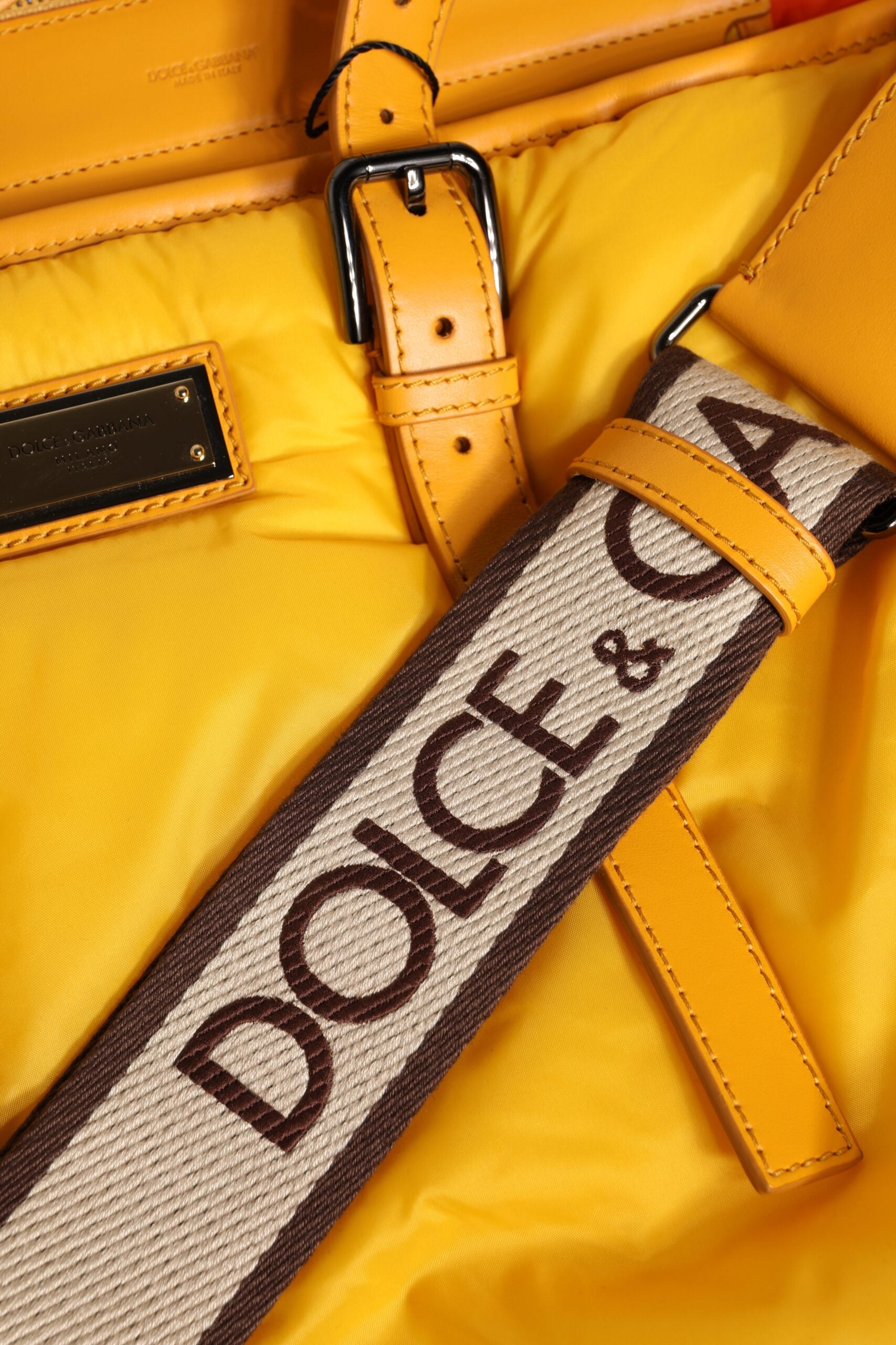 Yellow Orange Nylon Logo Plaque Hand Shoulder Duffle Bag Pu Leather Calf