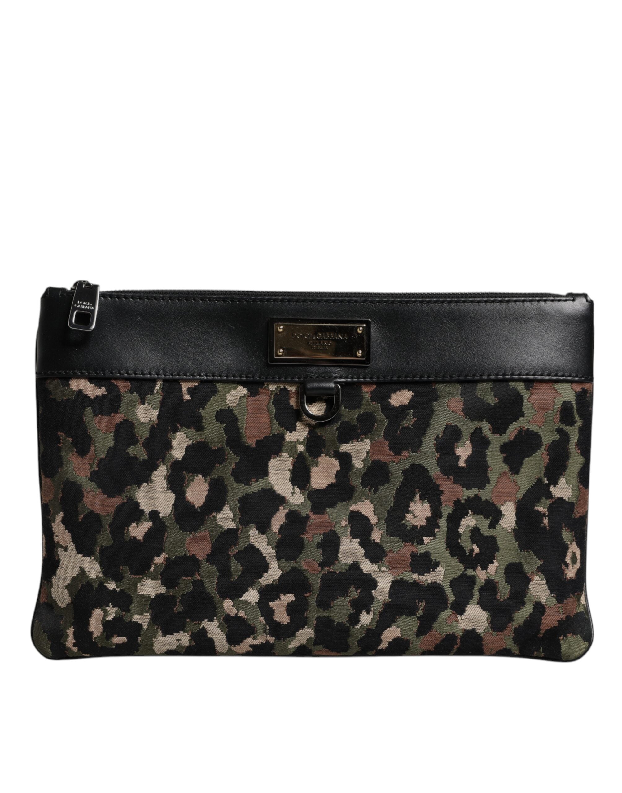 Multicolor Leopard Jacquard Print Logo Plaque Pouch Bag Cotton