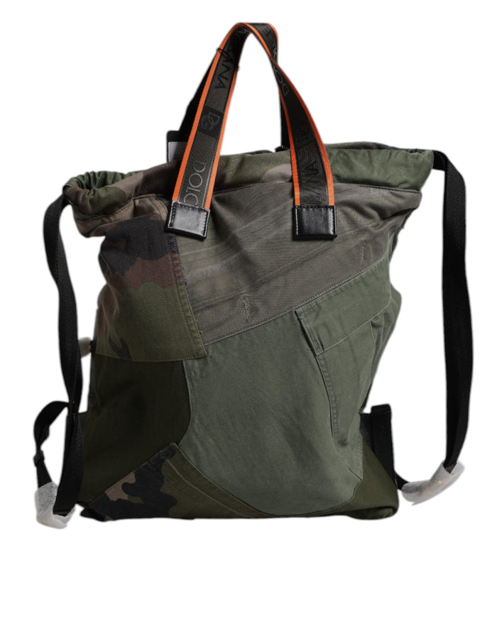Military Green Patchwork Rucksack Backpack Bag Cotton Calf Leather Nylon