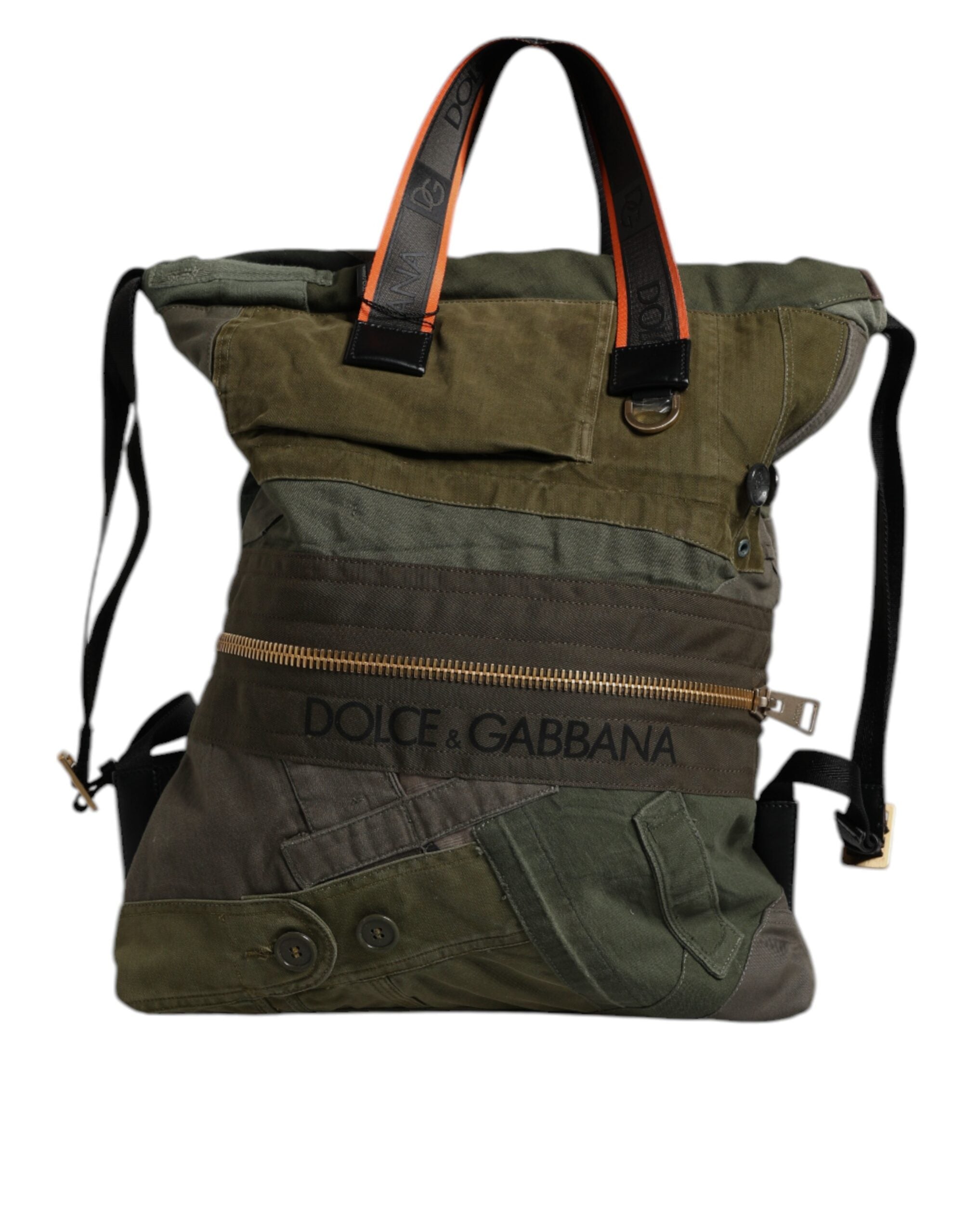 Military Green Patchwork Rucksack Backpack Bag Cotton Calf Leather Nylon