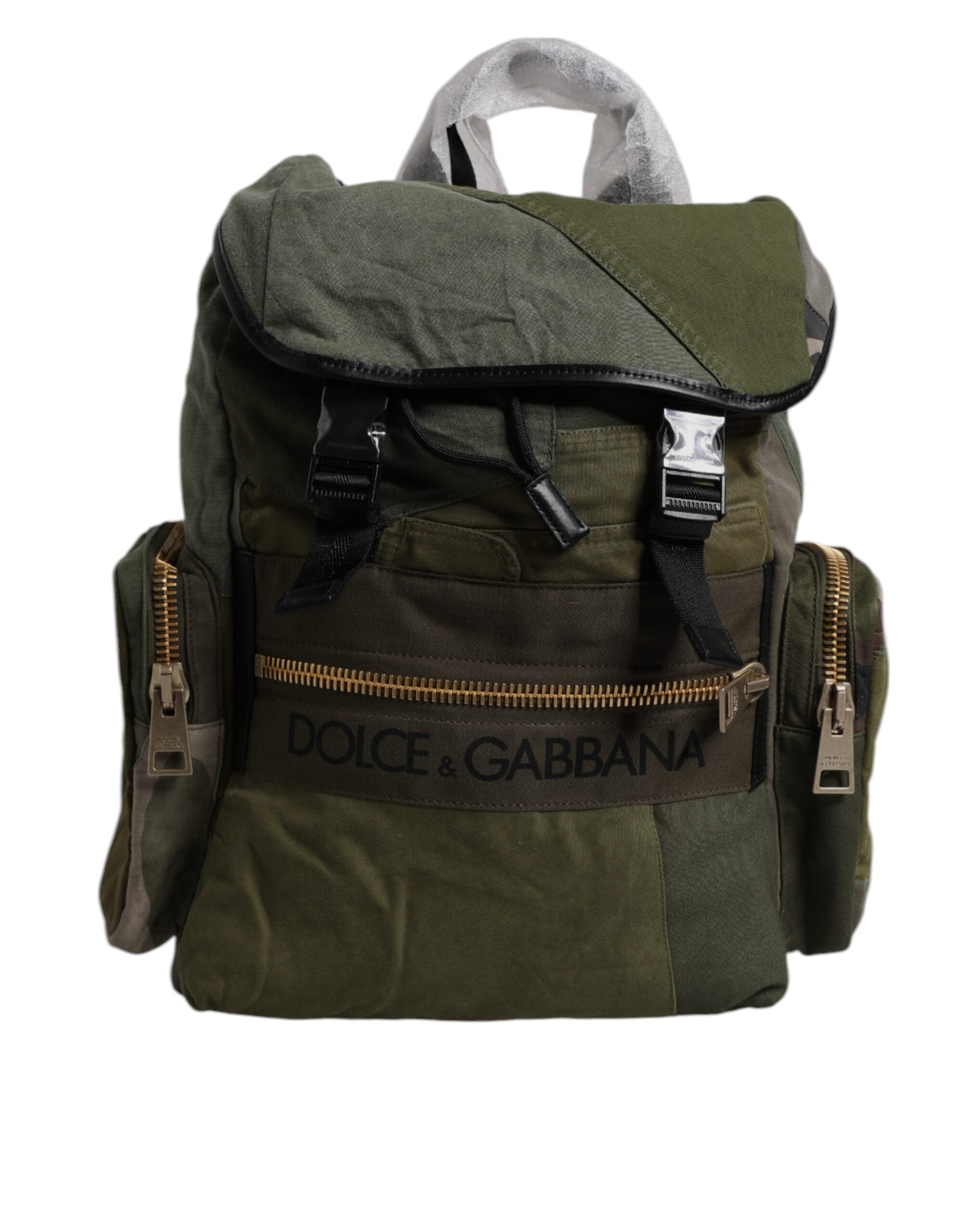 Military Green Patchwork Travel Backpack Bag Cotton Calf Leather Nylon