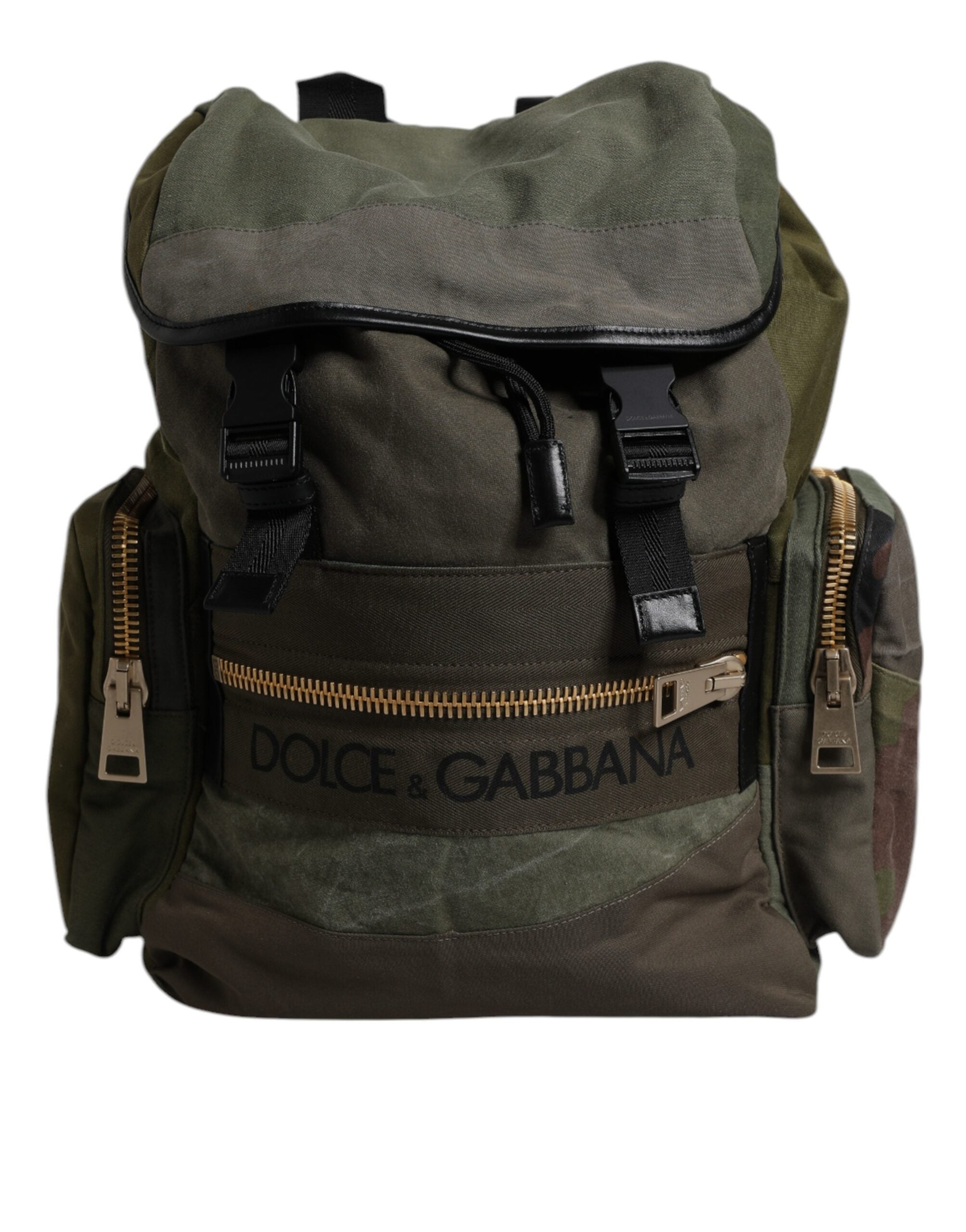 Military Green Patchwork School Backpack Bag Cotton Calf Leather Nylon