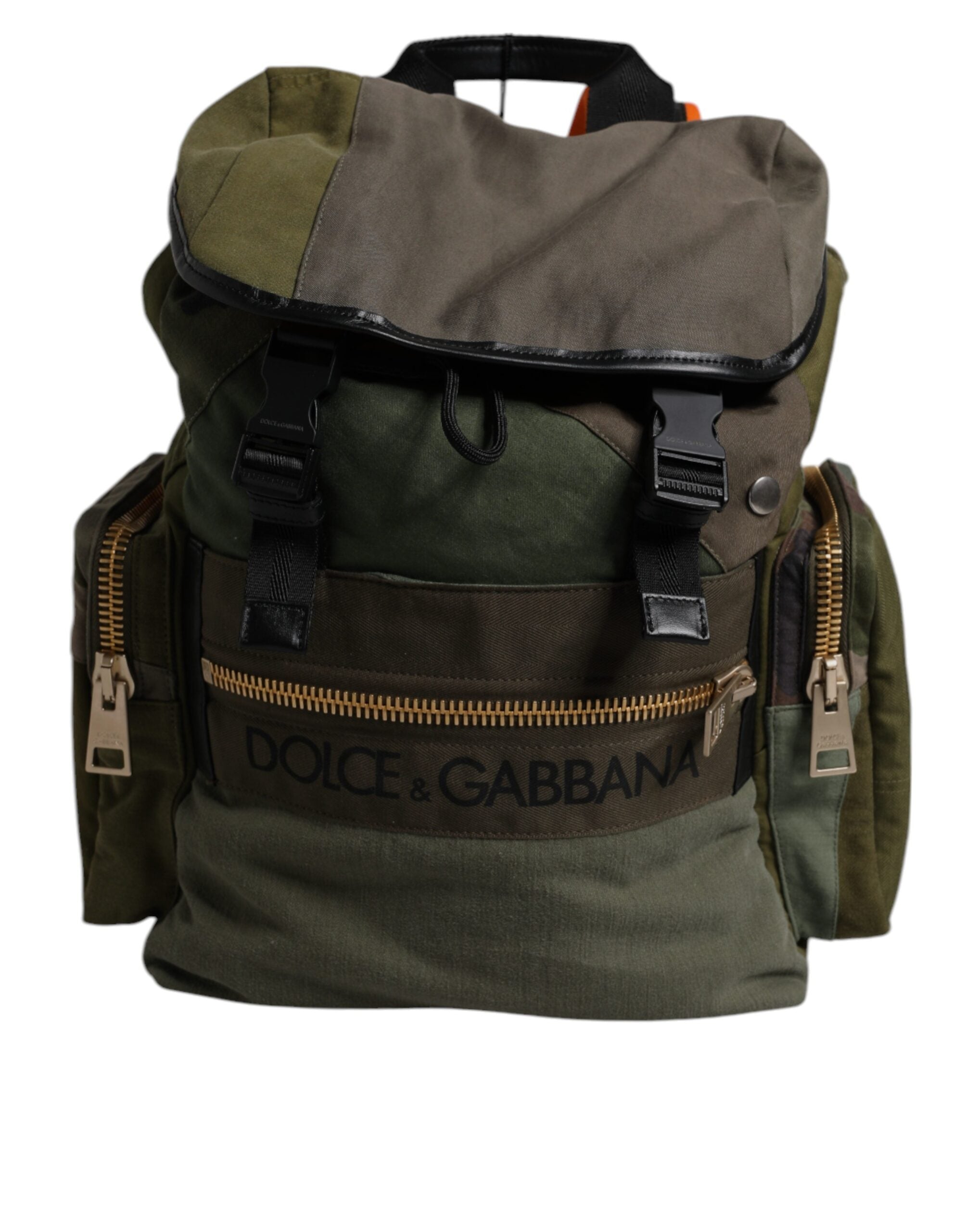 Military Green Patchwork Travel Backpack Bag Cotton Calf Leather Nylon