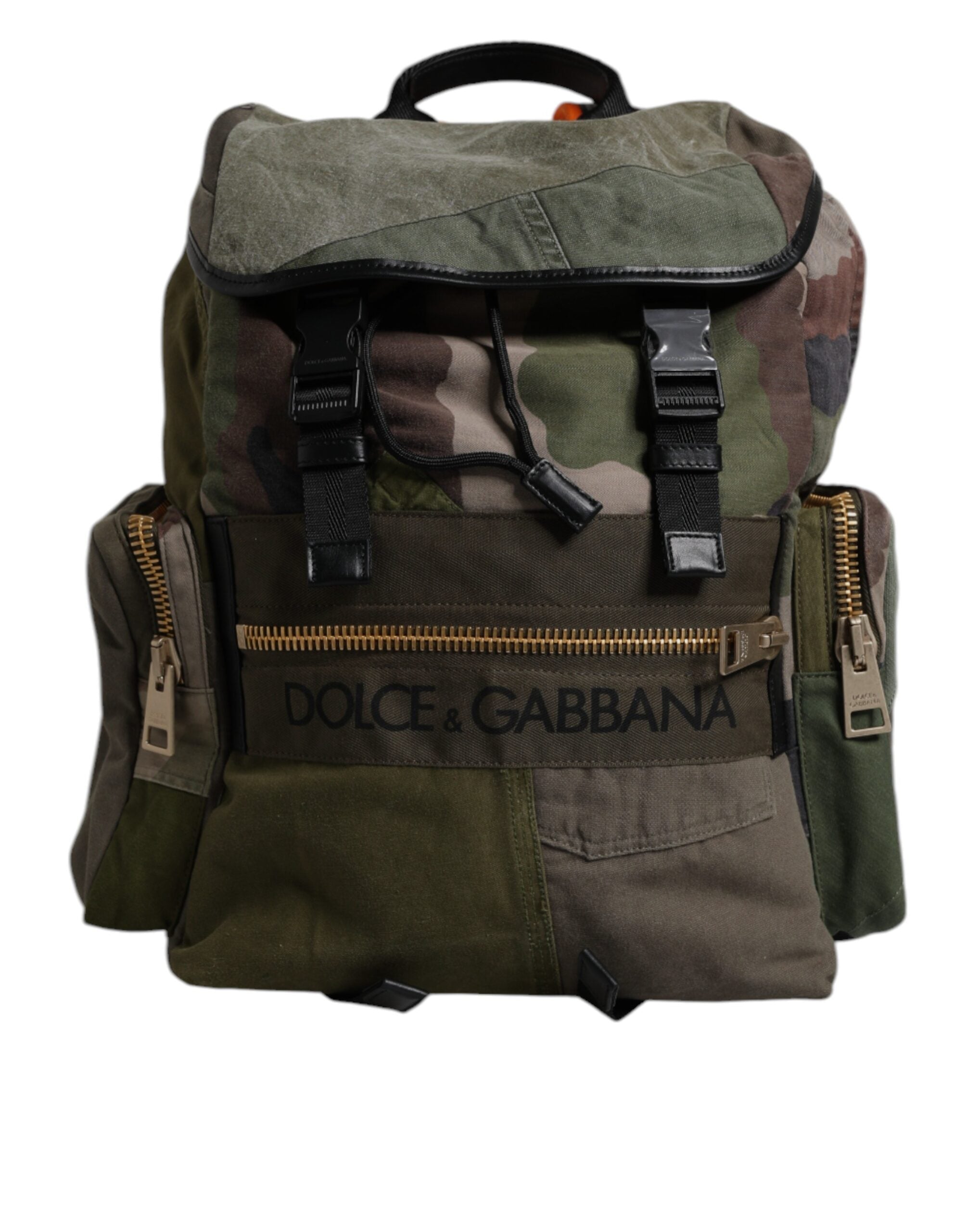 Military Green Patchwork School Backpack Bag Cotton Calf Leather Nylon