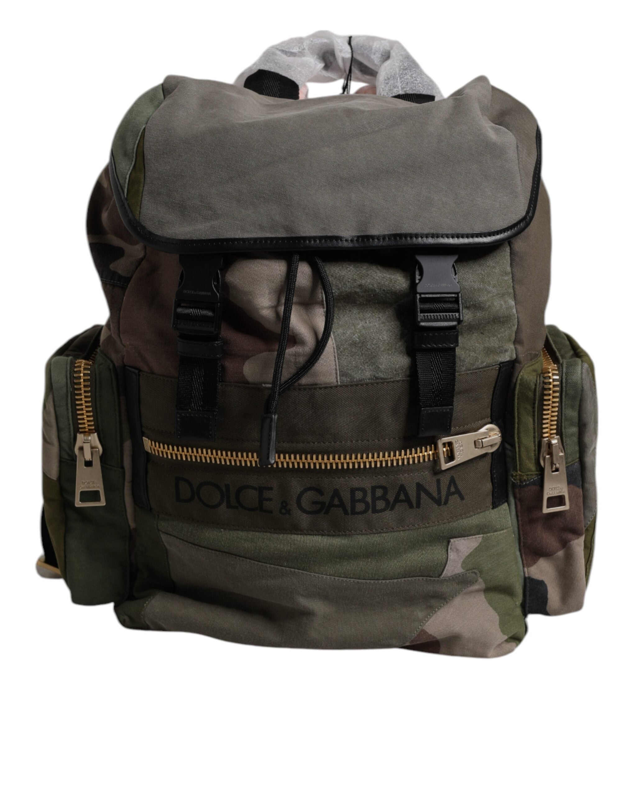 Military Green Patchwork School Backpack Bag Cotton Calf Leather Nylon