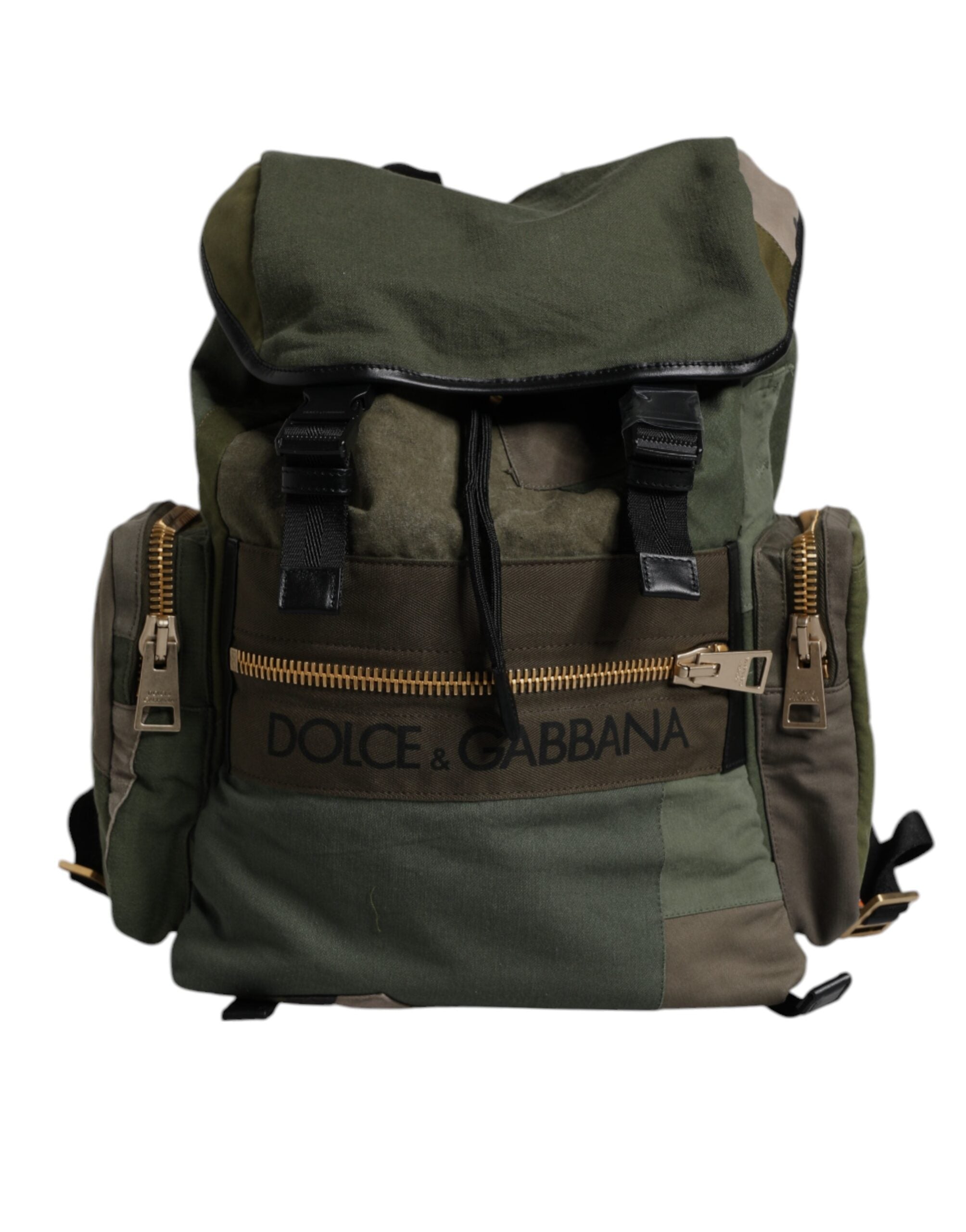 Military Green Patchwork School Backpack Bag Cotton Calf Leather Nylon