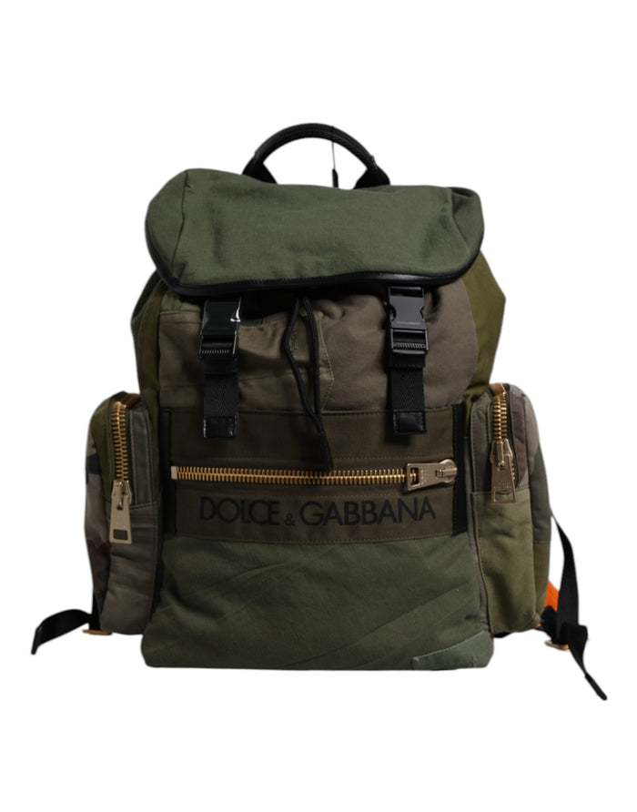 Military Green Patchwork Travel Backpack Bag Cotton Calf Leather Nylon