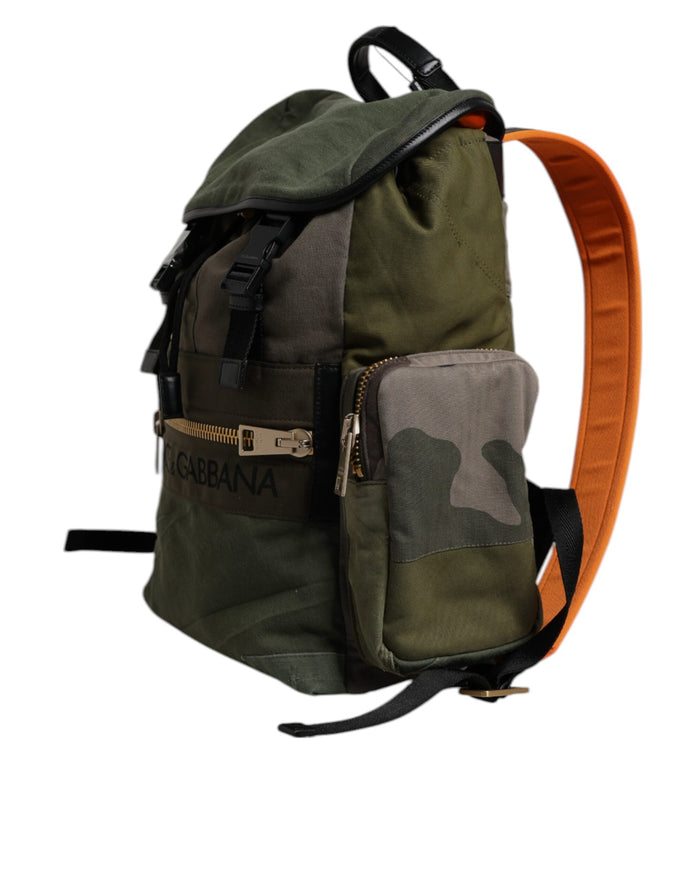 Military Green Patchwork Travel Backpack Bag Cotton Calf Leather Nylon