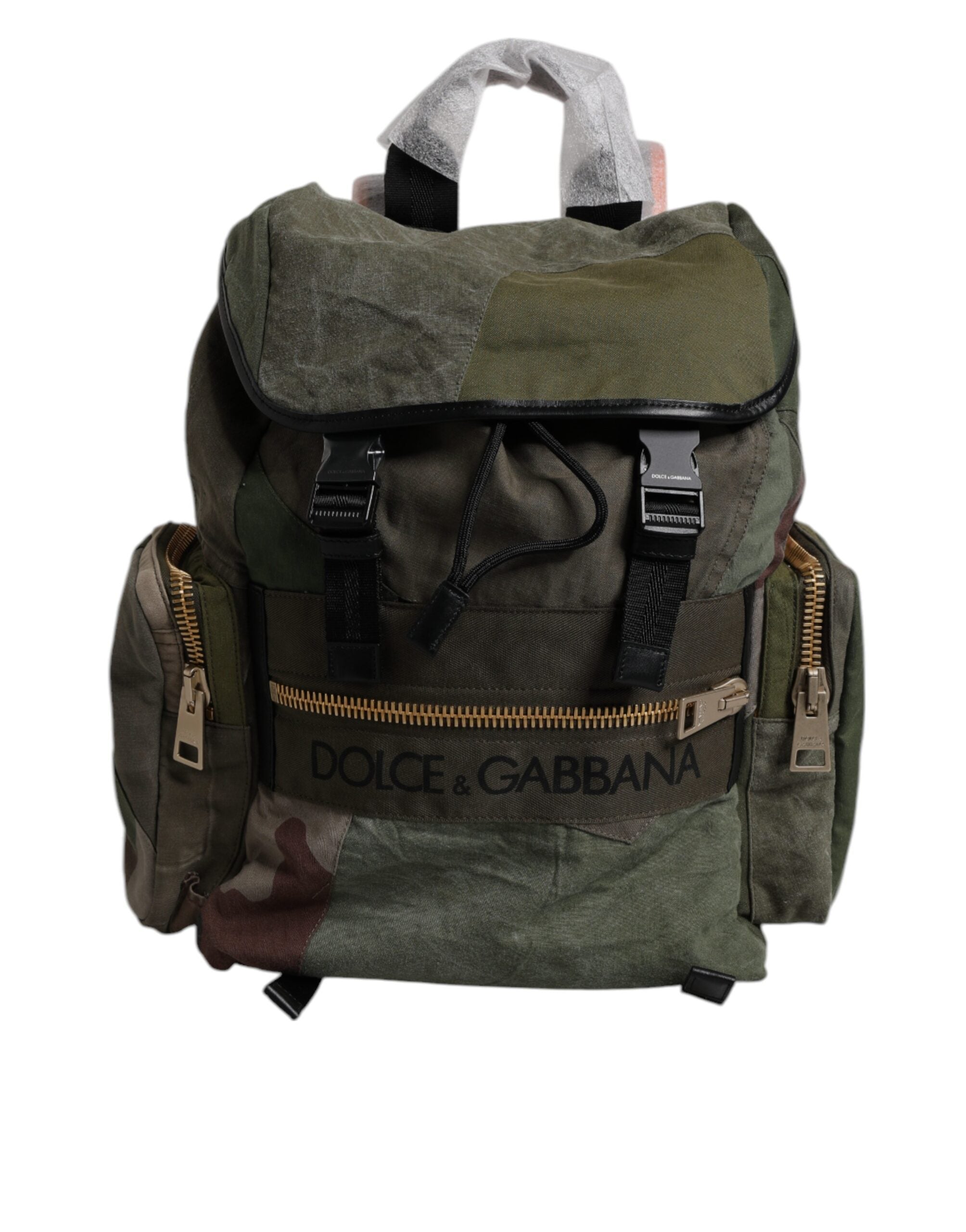 Military Green Patchwork Travel Backpack Bag Cotton Calf Leather Nylon