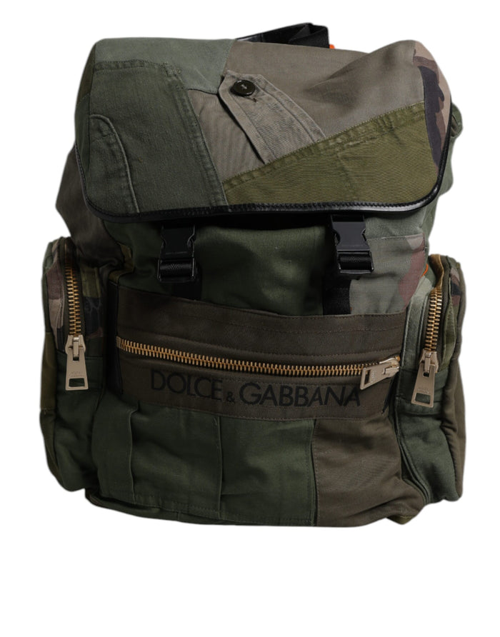 Military Green Patchwork Travel Backpack Bag Cotton Leather Nylon