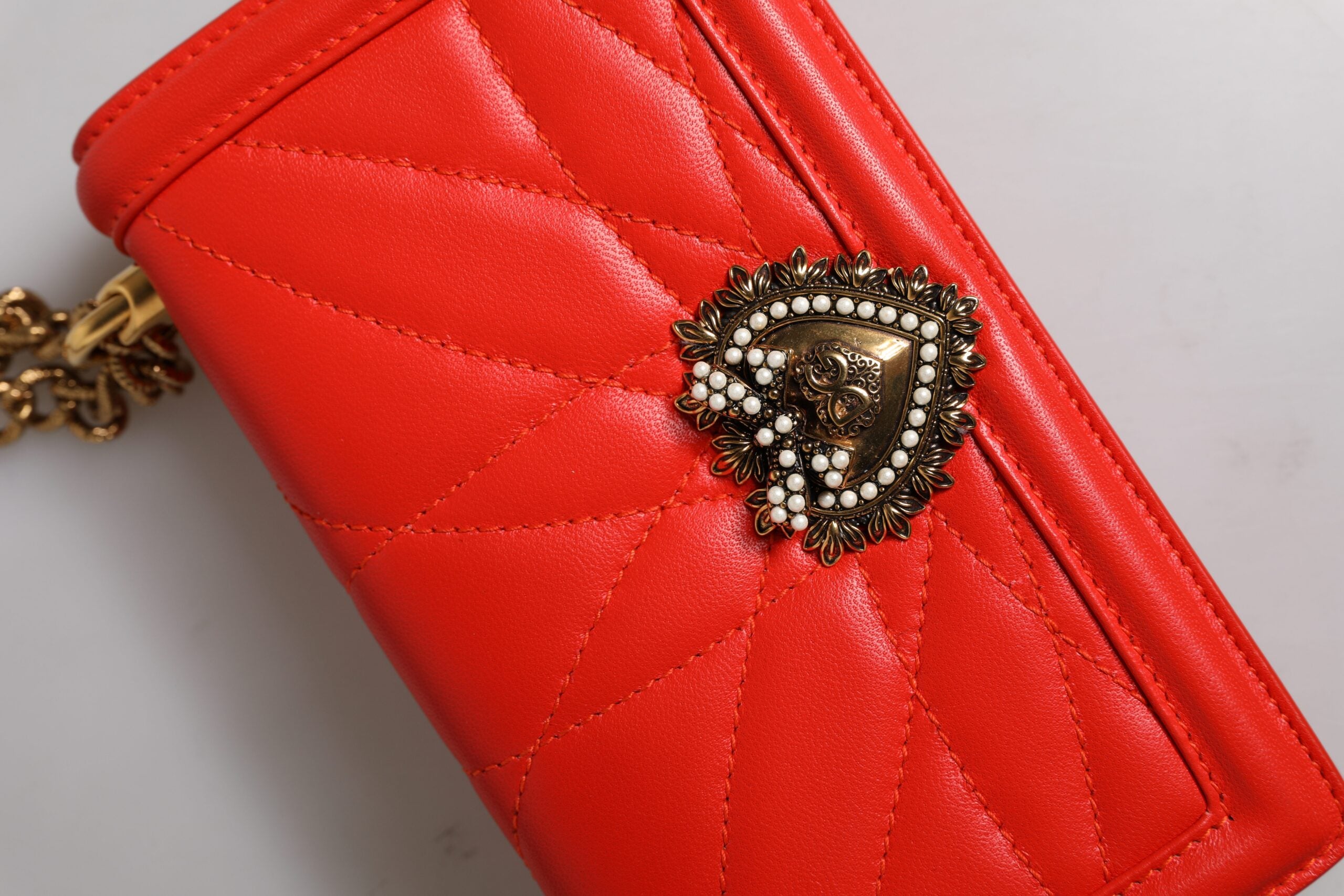 Red Quilted Devotion Crossbody Chain Phone Cover Bag Lamb Leather