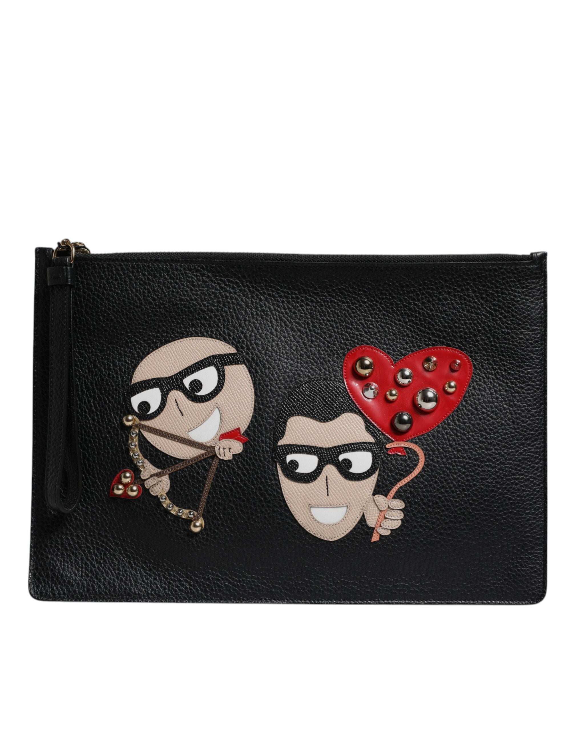 Black #dgfamily Embellished Leather Clutch Bag Calfskin Lambskin