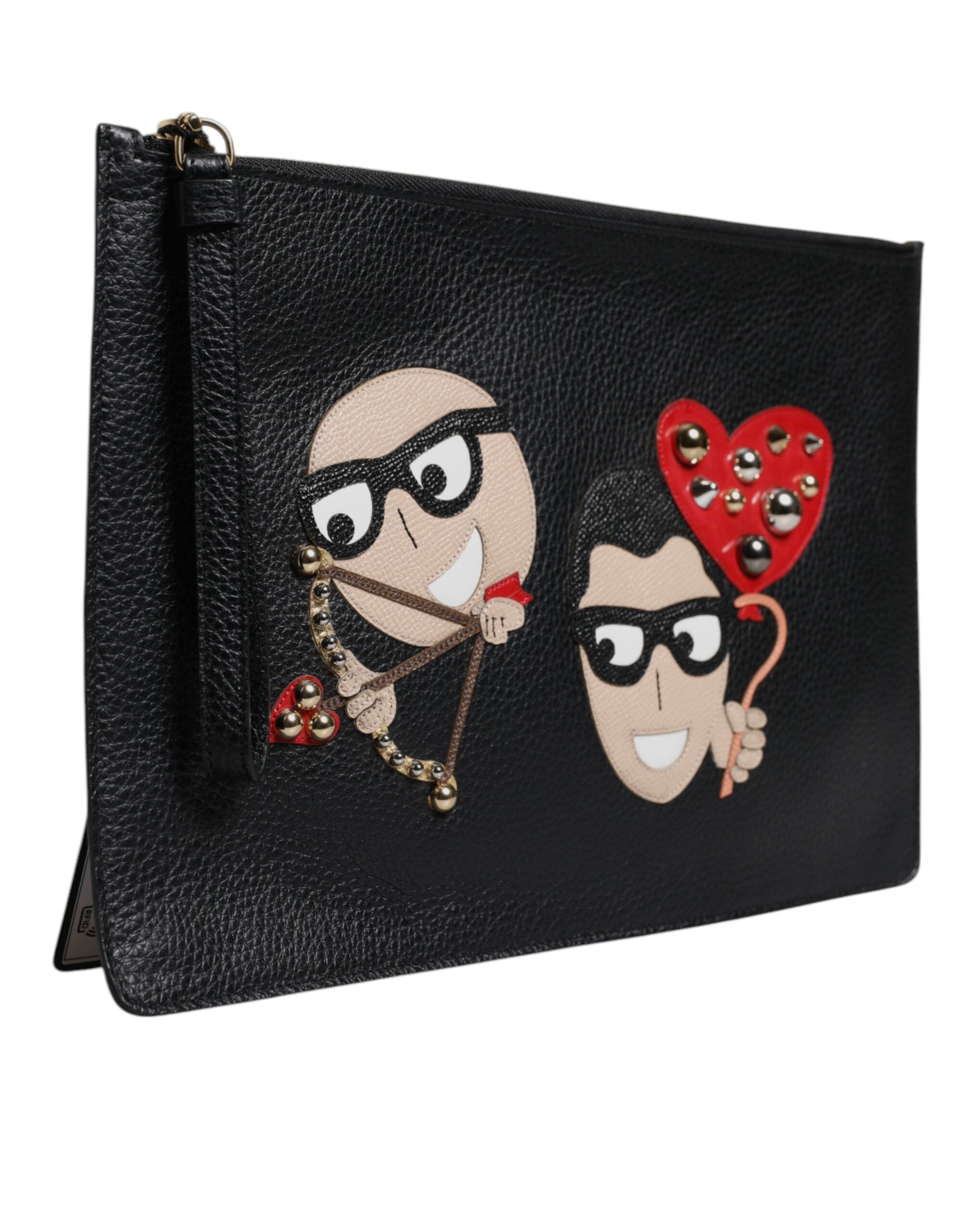Black #dgfamily Embellished Leather Clutch Bag Calfskin Lambskin