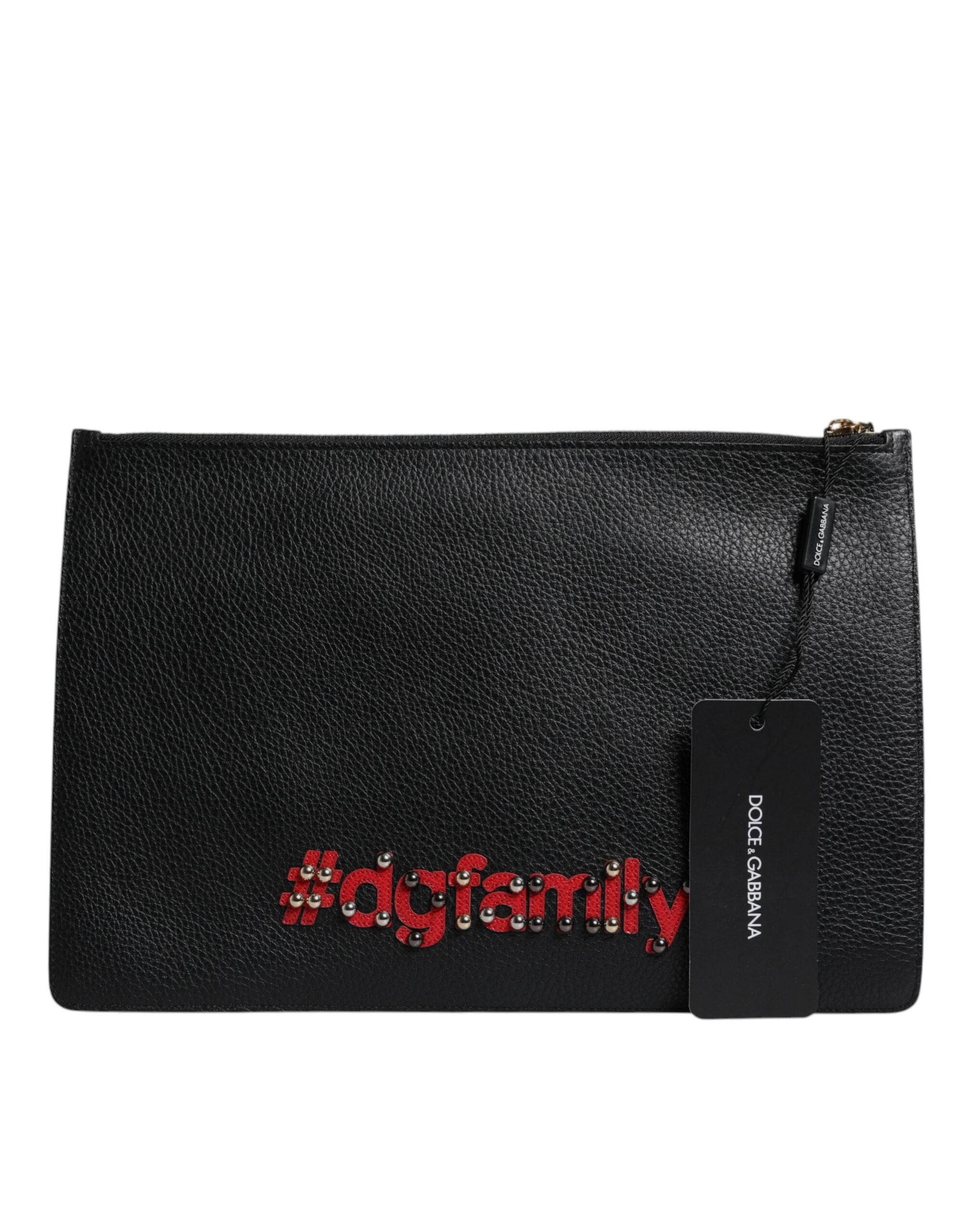 Black #dgfamily Embellished Leather Clutch Bag Calfskin Lambskin