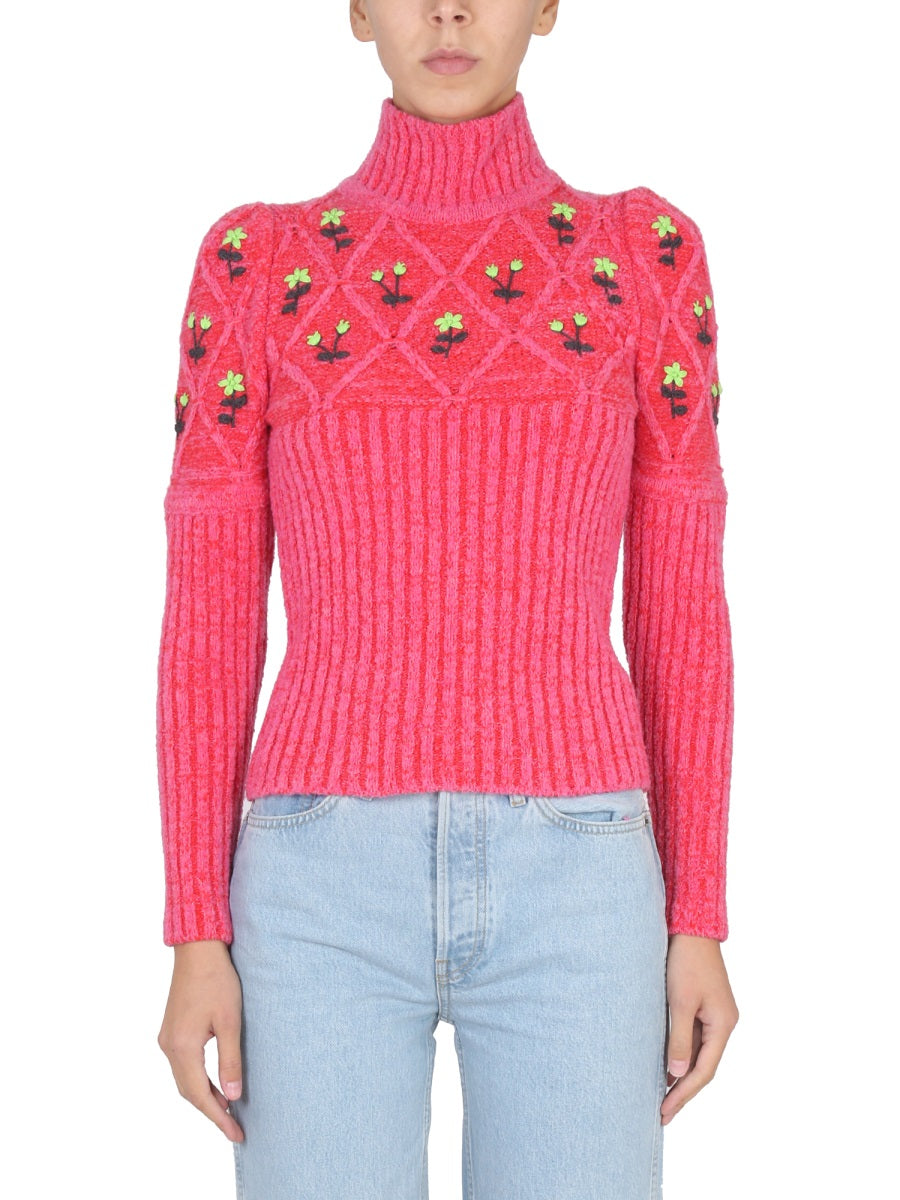 Jersey With Floral Embroidery Red Wool Jumpers