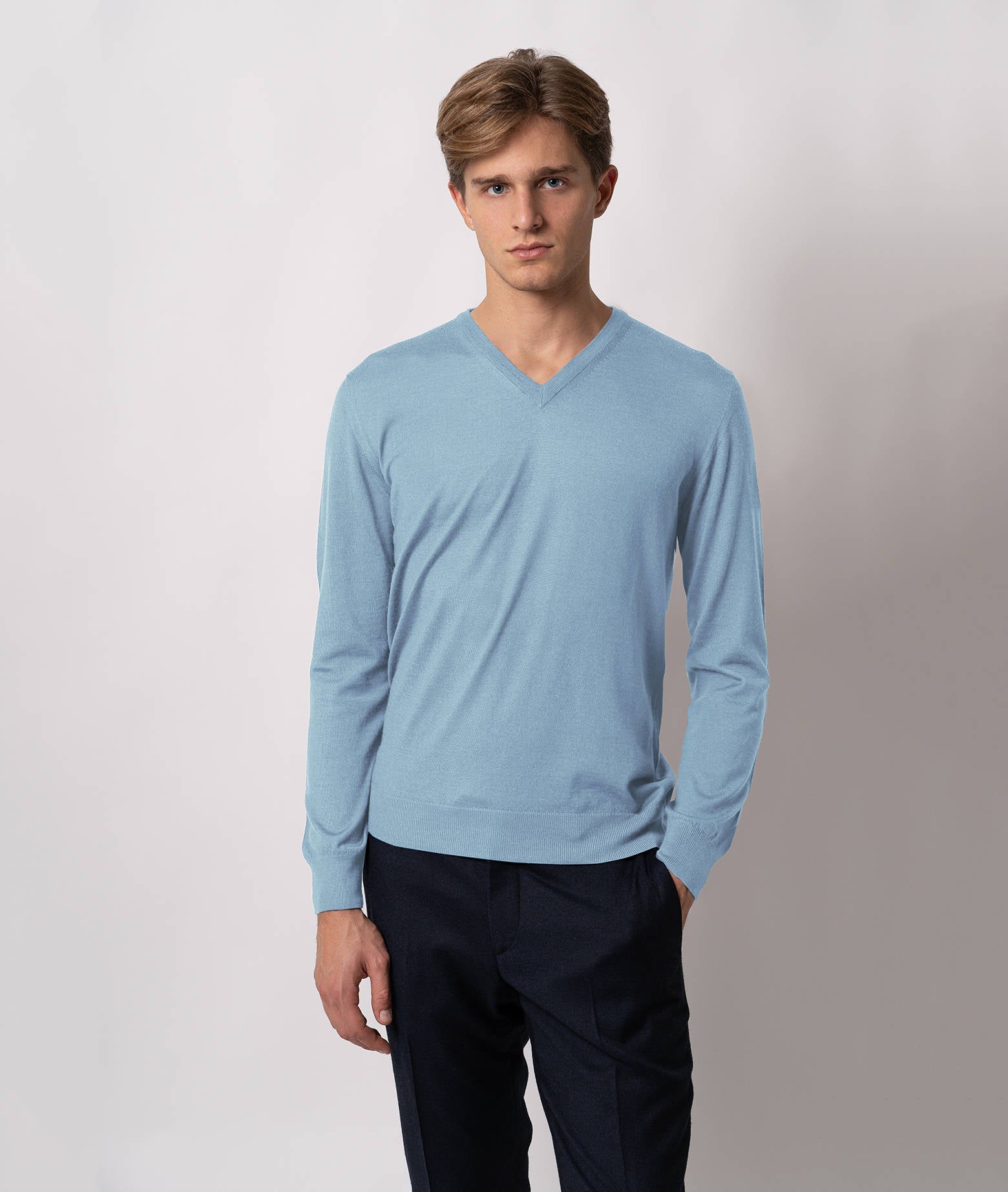 V-Neck Cashmere And Silk Sweater Alaska Lightblue V Neck