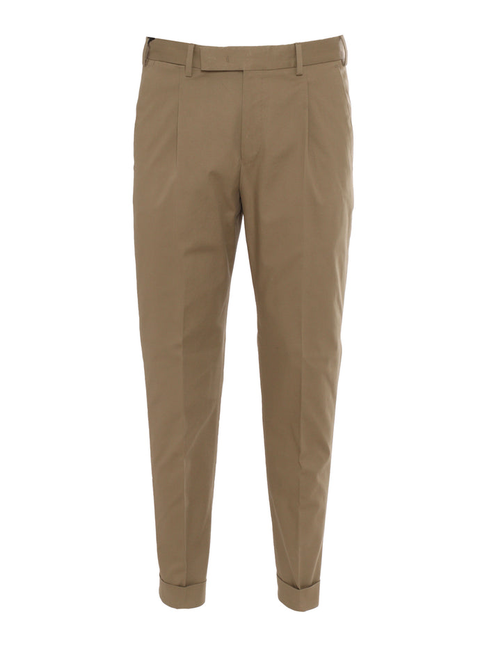 REBEL 1 Pleat, Diagonal Pockets, Flap Back Pockets Brown Cotton Elastane Pant