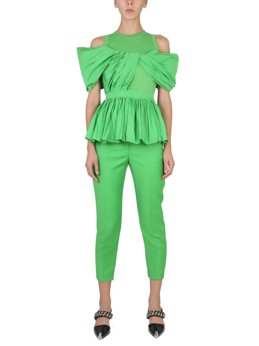 Cigarette Pants Green Wool Mohair Trousers