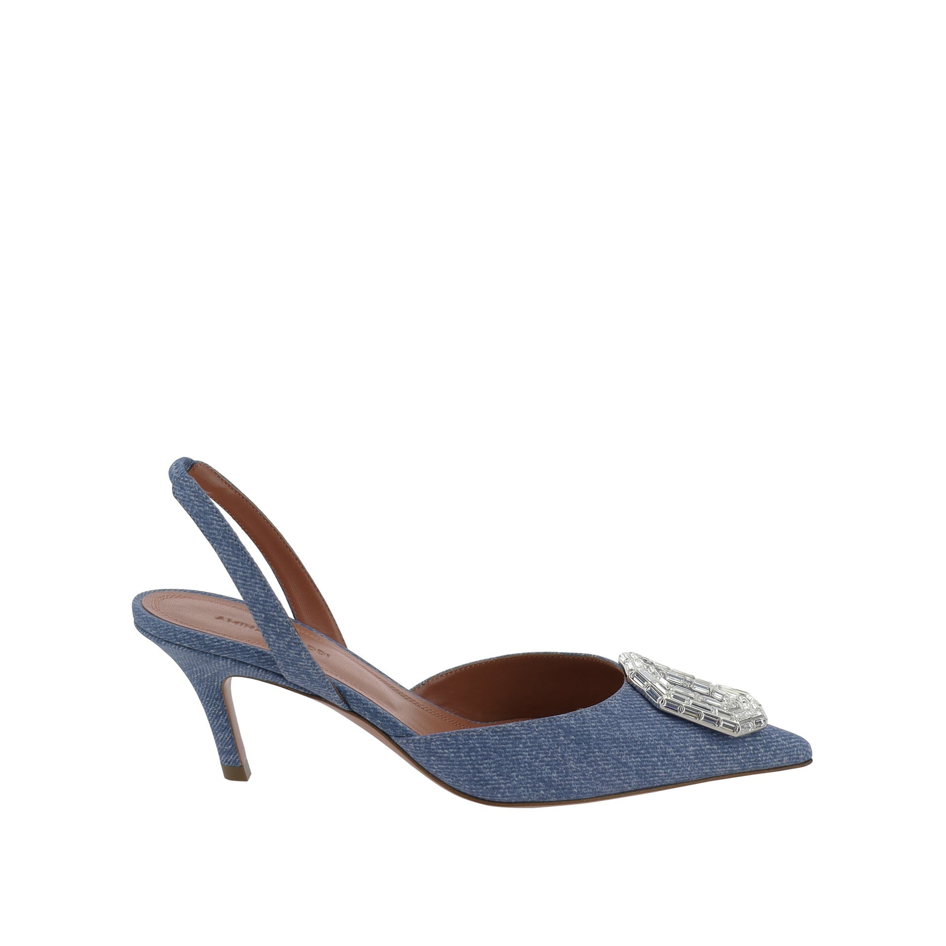 Amina Muaddi Camelia Sling 60 Printed Denim Pumps Blue Nabuk