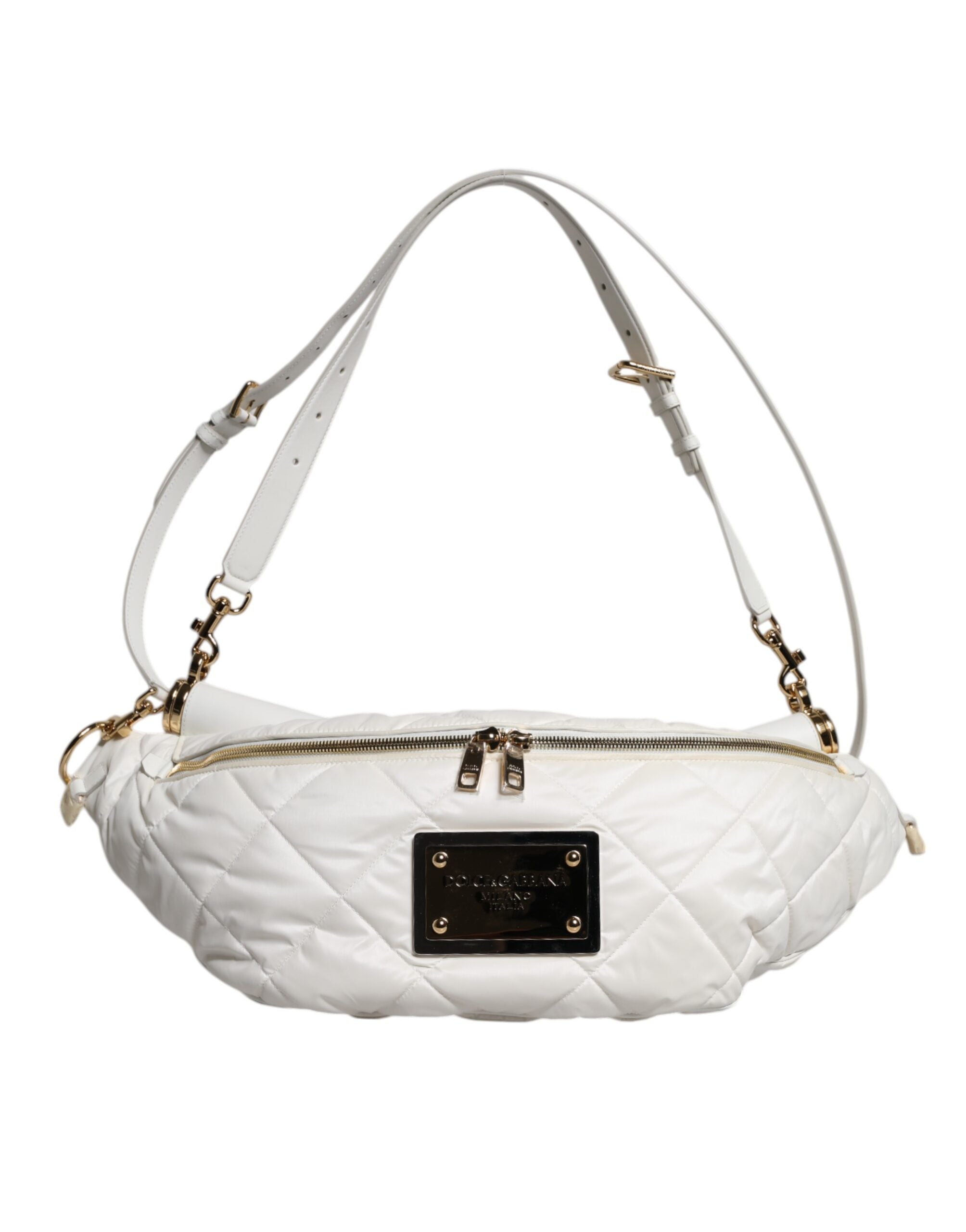 White Quilted Logo Plaque Belt Waist Fanny Pack Bag Polyester