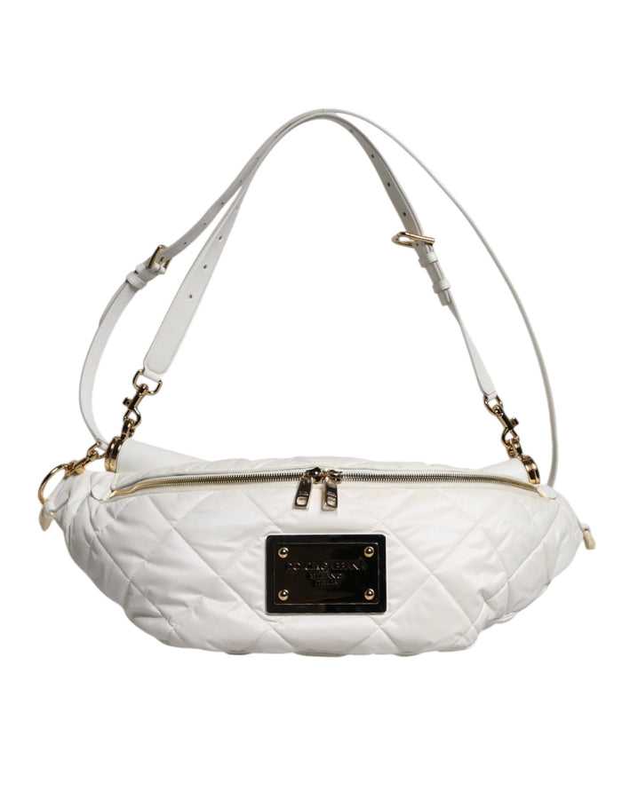White Quilted Logo Plaque Belt Waist Fanny Pack Bag Polyester