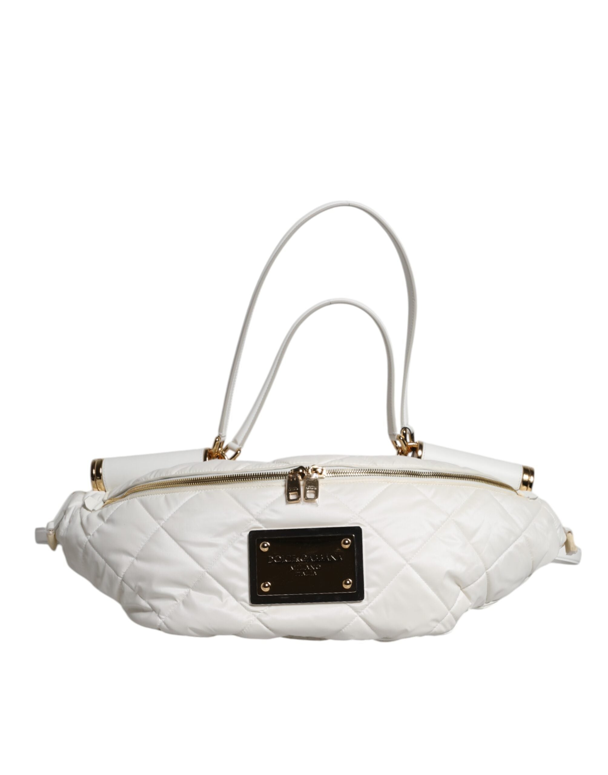 White Quilted Logo Plaque Belt Waist Fanny Pack Bag Polyester