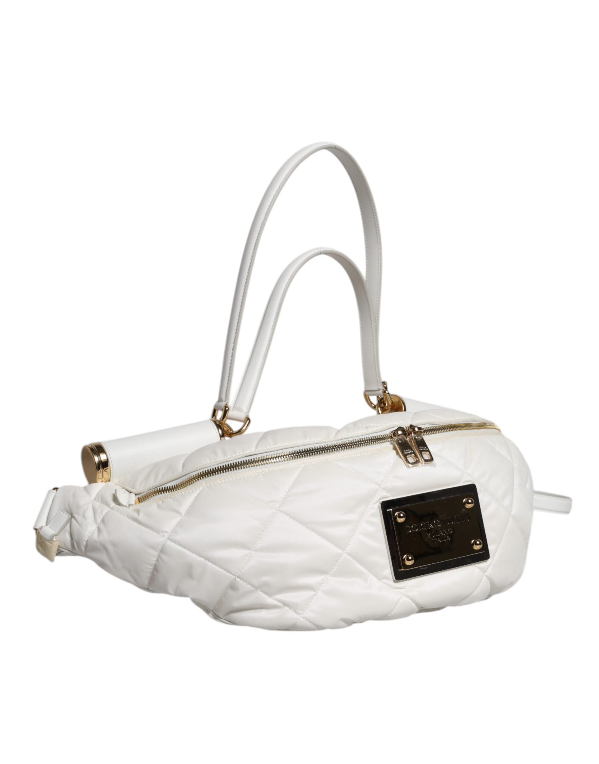 White Quilted Logo Plaque Belt Waist Fanny Pack Bag Polyester