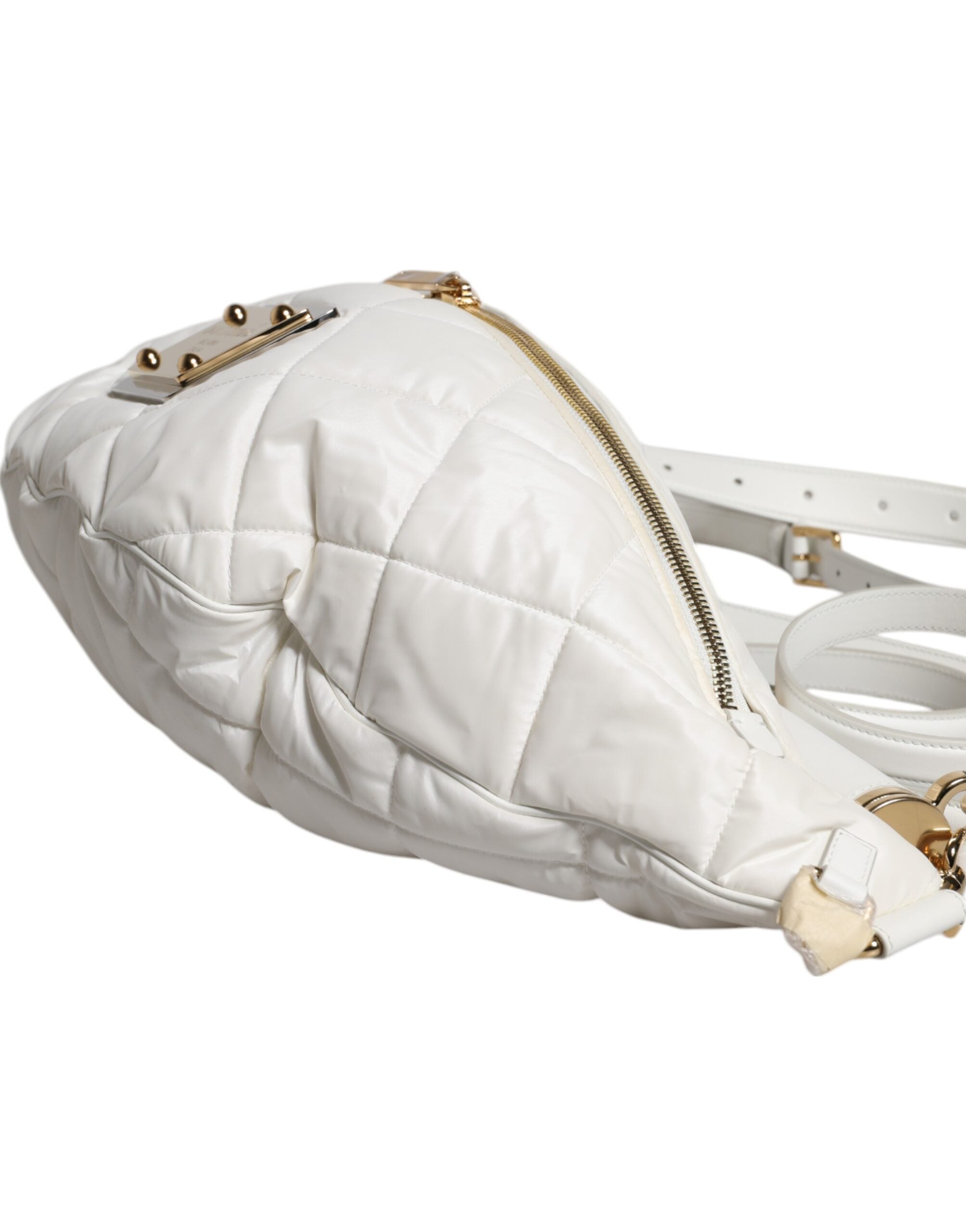 White Quilted Logo Plaque Belt Waist Fanny Pack Bag Polyester