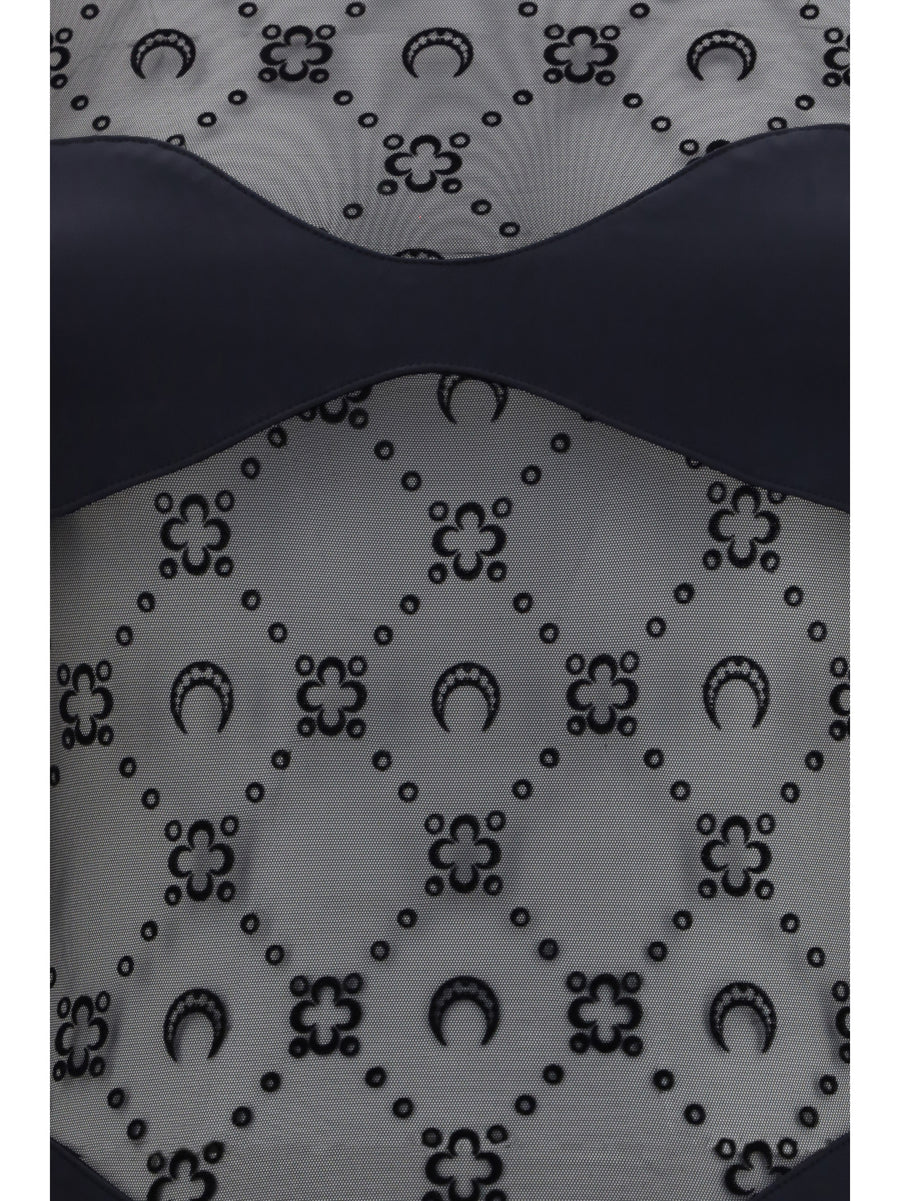 Mesh Body Moon Motif Black Polyamide Tops
