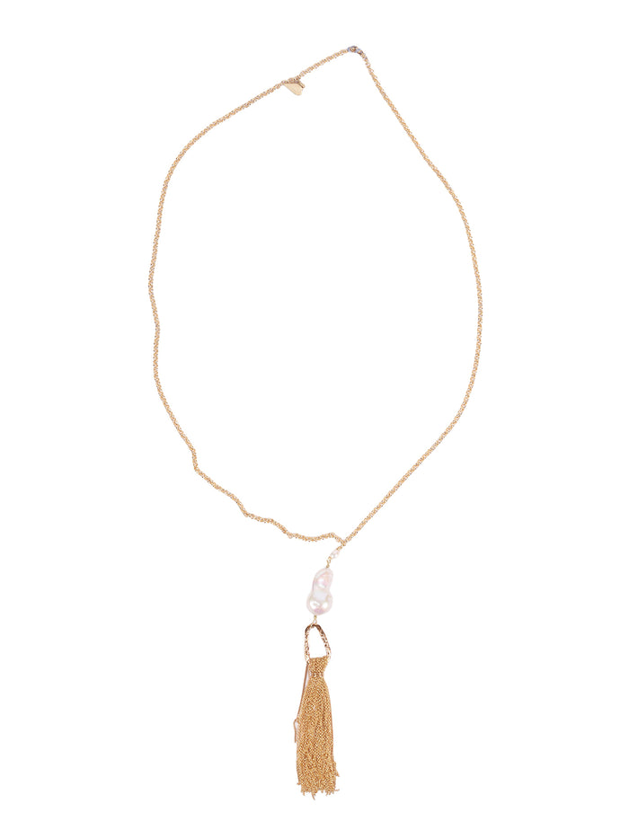 Sculptural Necklace With Fringes And Pearl Gold Bronze Details River