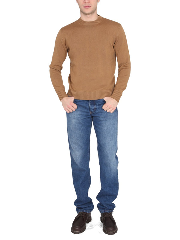 Cross-Neck Ribbed Collar Choker Beige Wool Merinos Jumpers