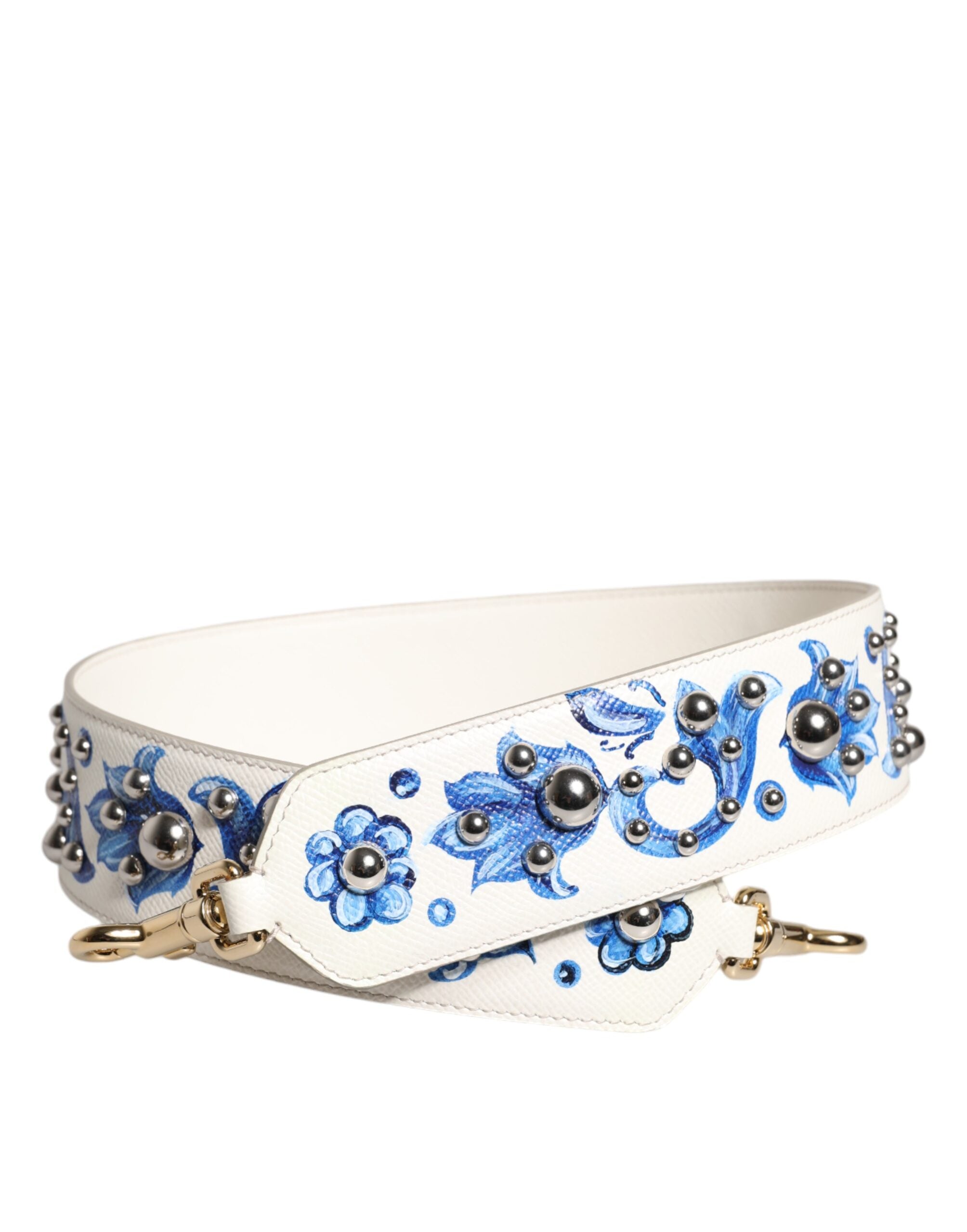 White Blue Floral Leather Stud Shoulder Strap Calf Bag