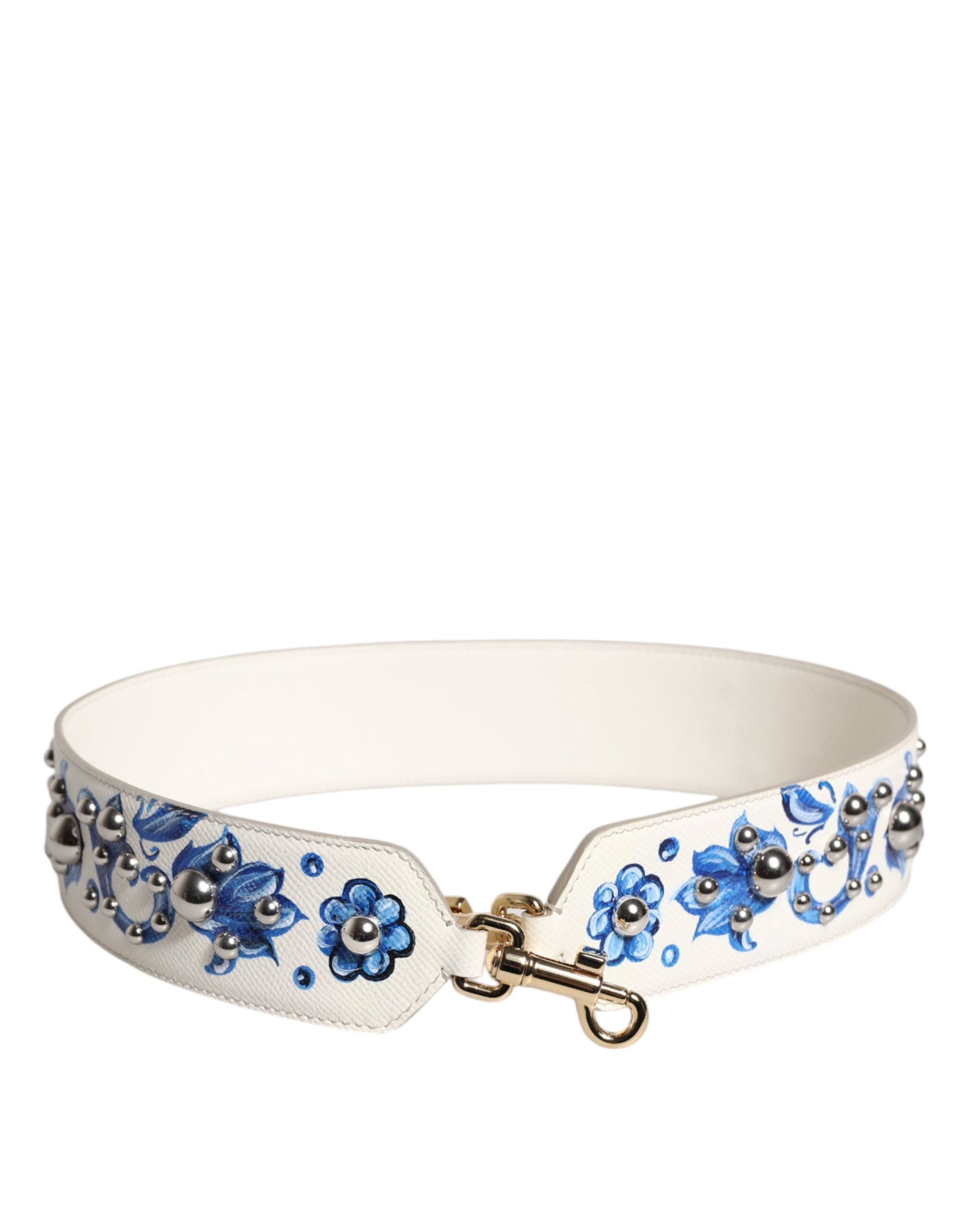 White Blue Floral Leather Stud Shoulder Strap Calf Bag