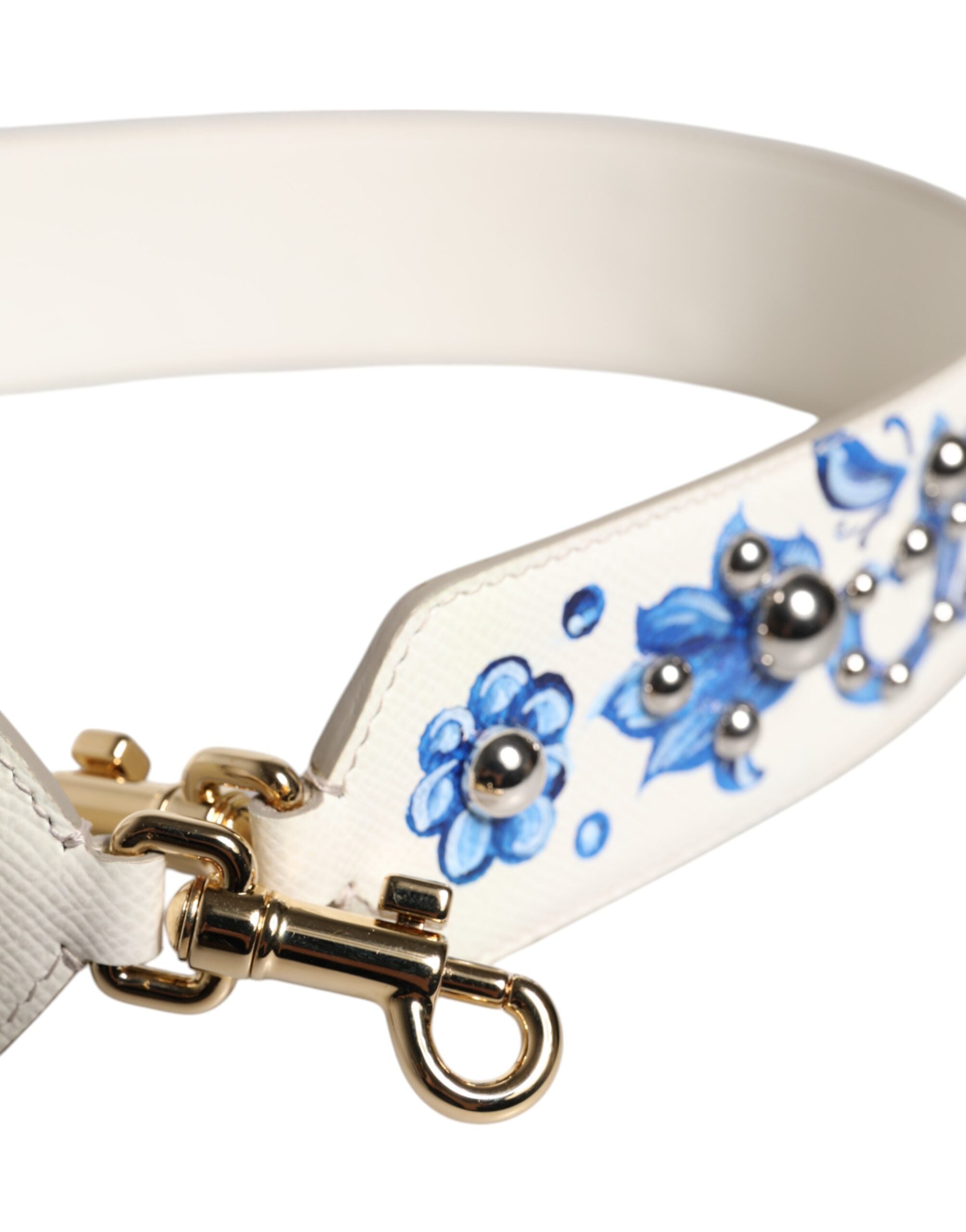White Blue Floral Leather Stud Shoulder Strap Calf Bag